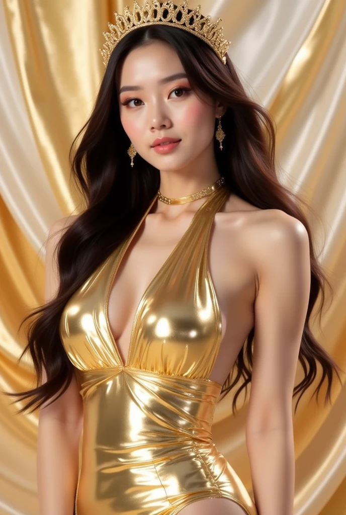 top-quality, (goddes), Deities々Right, Dazzling, facing front, god, Western-style face, from the chest up, Reduce exposure, glittering golden dress, Glittering background
