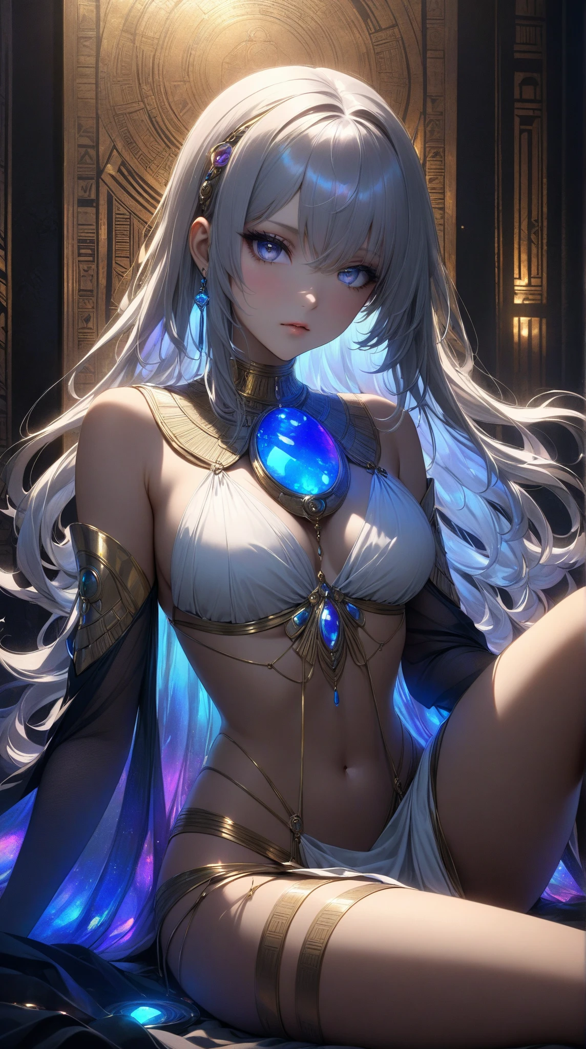 A tall and beautiful elf woman, light blue glowing eyes, cold expression, proud posture, chest up, lavender skin, purple facial tattoos, silver tied hair, exposed chest, exposed shoulders , showing her navel and thighs, looking up at the camera, in a medieval inn.