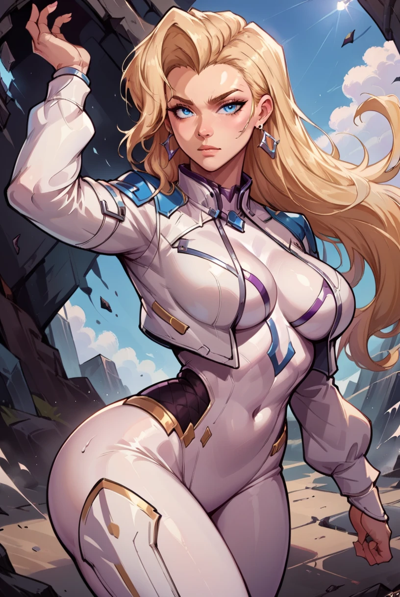 (masterpiece), best quality, expressive eyes, perfect face, masterpiece, digital artwork, A gorgeous blonde woman, wearing a skimpy battlesuit, exposed midriff, navel, bosom,  highly detailed, dynamic cinematic lighting, intricately detailed, smirking, (mature face)