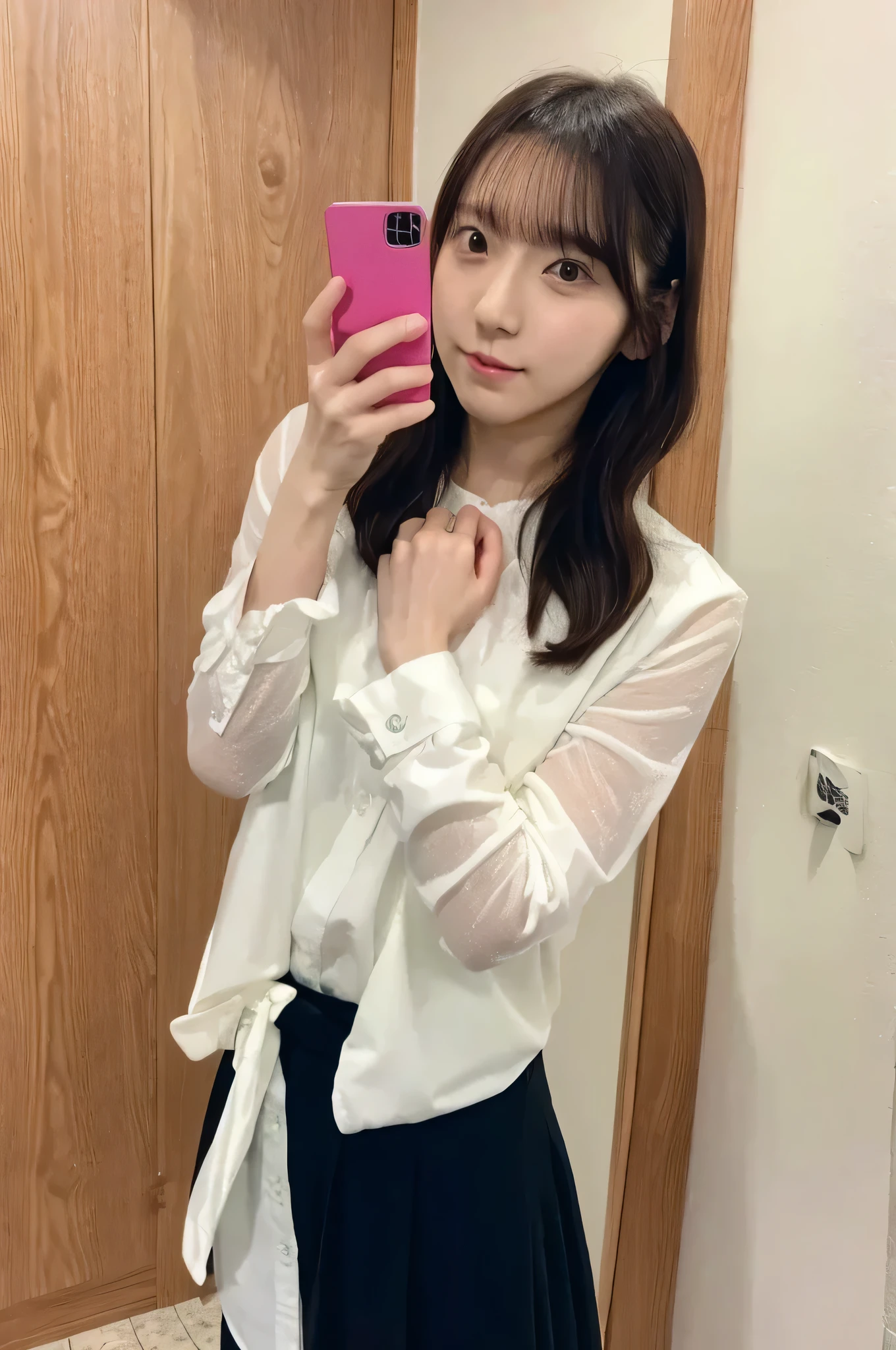high image quality 、 ultra detail across boy's crotch、 photorealistic、 Realistic and Accurate Depiction 、High Resolution、 top quality、 Japanese、 beautiful girl、 lean forward with realistic and accurate human body structure , and she's asけing me to stop using the vibrator , 1 medium short hair :1.4,(full body), Japanese woman standing, Small face, slender, thin, detailed faces, beautiful detail eyes, The background is a love hotel restroom, take a selfie with your smartphone in front of a mirror