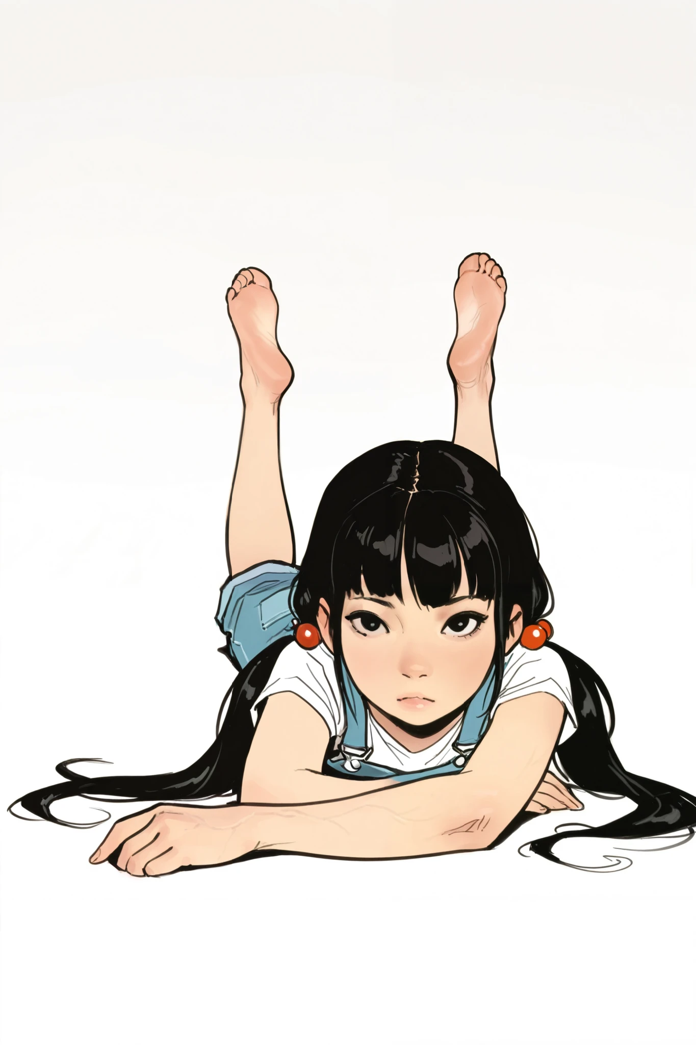 HDR, 8K, high contrast, masterpiece, best quality, amazing quality, very aesthetic, anime artstyle, realistic, hentai art, newest, (artist:incase:0.5), (artist:tsuaii:0.5) , photo background, real world location
BREAK
bounce light, hyperdetailed, veins, detailed hair strands, detailed fibers,
1girl, solo, long hair, looking at viewer, simple background, shirt, black hair, hair ornament, white background, twintails, full body, lying, barefoot, black eyes, low twintails, on stomach, hair bobbles, legs up, overalls, the pose