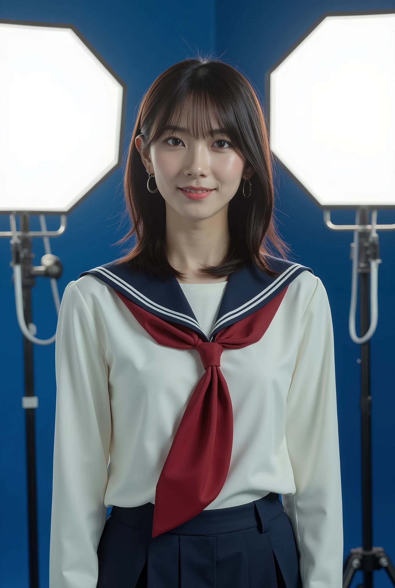 Create a stunning portrait of a very beautiful Japanese actress. She is wearing a school uniform and has a slim figure with a small bust. The setting is a professional photography studio, where she stands confidently. The lighting is cinematic, enhancing her features and creating a bright, clean look, as if shot with a white reflector. Her medium-length hair is styled neatly, adding to her refined appearance. The overall image should be luminous and visually striking, capturing the essence of a high-quality, film-like photograph.