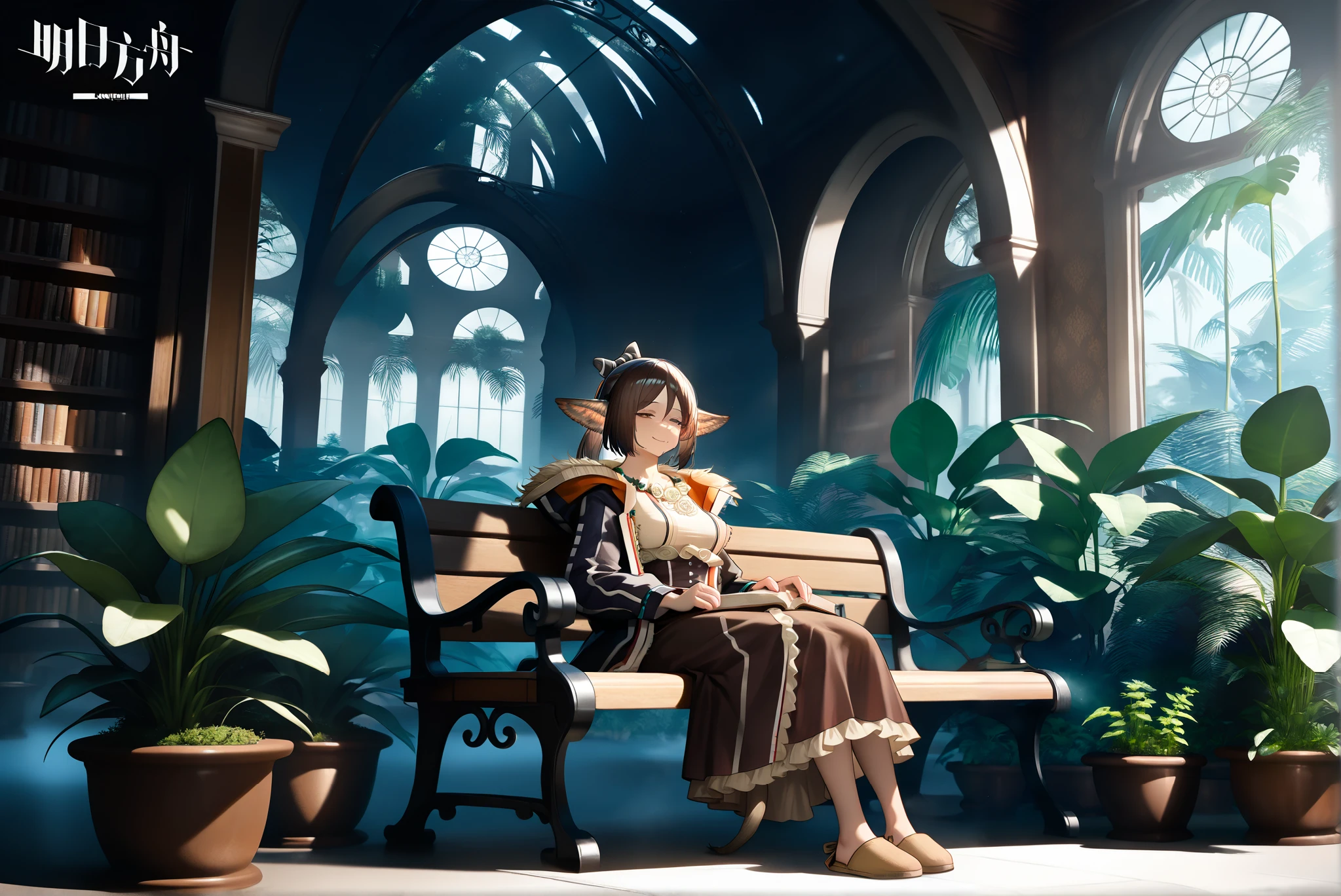 ,(large jungle-like botanical garden:1.5)(Lots of plants:1.3)(Benches and tables:1.2),A woman is sitting, Smile,,,,,, 1girl , Perfumer, brown dress, brown slippers, in a library, bookshelf, holding book,,((Perfumer)),((Perfumer_\(arknights\))), Perfumer_\(arknights\)。(half-closed eyes),small boobs,,,,,,,,,,,,,,((whole body)),PhotorealiStic Background, beSt quality, amazing quality, very aeSthetic,(maSterpiece, beSt quality, hireS:1.1),(detailed background),(Hard Light, cinematic , ambient occlussion:1.3), (illuStration:1.1),(8 K, wallpaper,maSterpiece,a high reSolution,top-quality,top-quality real texture Skin, hyperrealistic), (increaSe reSolution,RаW photoS,,very detailed,wallpaper,cinematic lighting,Ray tracing,Golden ratio\),