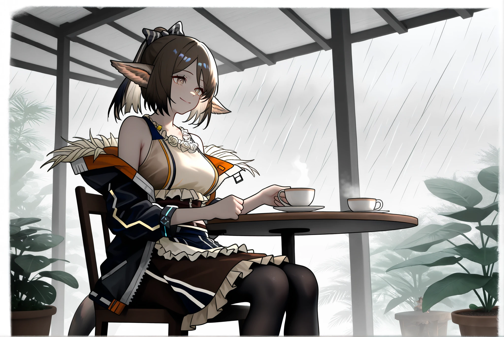 1femal,solo,,((whole body))。open jacket, waist apron, perfumer, bare arms, bare shoulder, waist apron perfumer sp, pencil skirt, black pantyhose,, brown dress,,(((perfumer_\(arknights\)))),,, morning cafe ,storm,Houseplants,heavy rain, cafe table,Outdoor terrace, sitting on a chair, coffee, Smile,,,,,,,,,,,Photorealistic Background。(incredibly absurdres:1.5),best quality, amazing quality, very aesthetic, graphite (medium), , linear hatching, great quality,( Flat Color ), very aesthetic, hatching (texture),colored pencil (medium),dynamic angle。