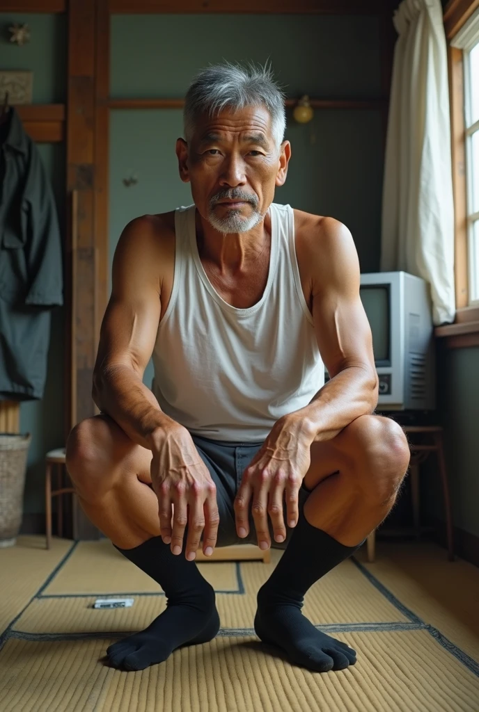 40 years old,Hidetoshi Nakata,(Kogoro Mori 1.3),whole body,Lean,muscle,office,grey socks,Suit,Feet raised,sofa,Baldhead ,transparent,Thick body hair,underwear,Topless,Densely hairy,Fortitude,HD,With a mustache