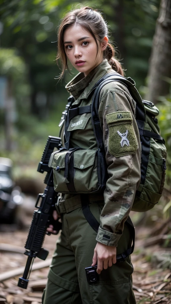 holding a rifle and radio staring at the audience,jungle、mechanized Soldier Girl, Future Battle Gear , Realistic Soldier , Cinematic — ar 16 :9, Keep PDW, wearing tactical armor, Heavily armed, ry Girl, Camouflage Gear , Airsoft Gun CQB, Realistic Military Gear , Soldier Girl, military girl , Beautiful female soldier