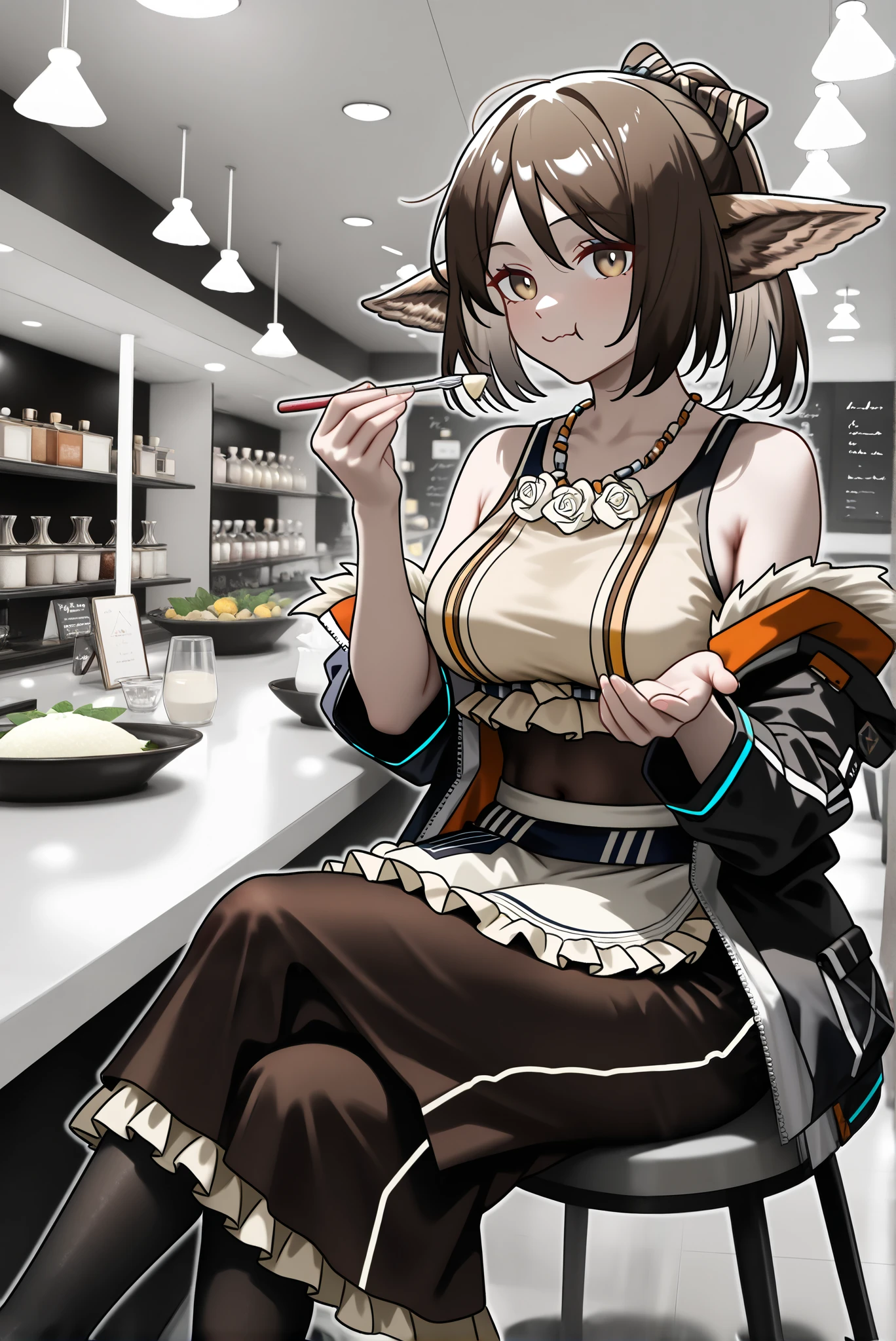 1female,(( upscale restaurants ))。open jacket, waist apron, perfumer, bare arms, bare shoulder, waist apron perfumer sp, pencil skirt, black pantyhose,, brown dress,((perfumer)),((perfumer_\(arknights\))), perfumer_\(arknights\)。, eating at a restaurant。crossed legs,Black long skirt。 dynamicangle。I have a book。PhotorealiStic Background, 。best quality, very aesthetic, , graphite (medium), linear hatching, great quality,(Flat Color), very aesthetic, hatching (texture), , colored pencil (medium),