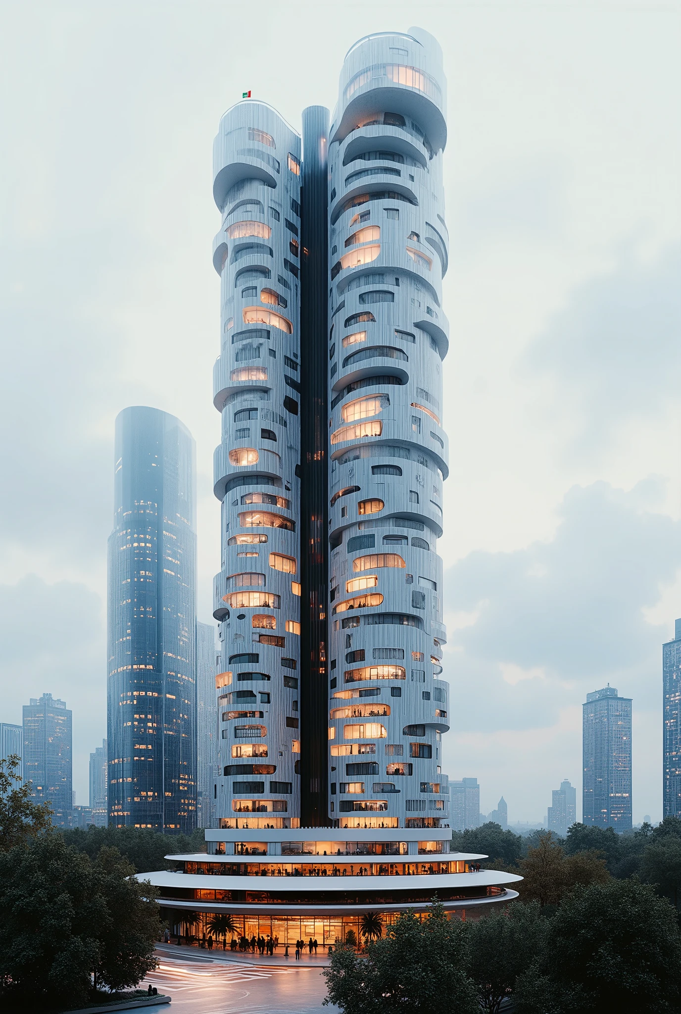 futuristic city, towering building with elegant curves, hollow,  advanced architecture, inspired by  honeycomb, day light, cloudy sky, cityscape, green areas, trees,  night view,  lights, and white cloud, small Ethiopian flag on top of building photorealistic, 8k, realistic, by zaha hadid, openings, balconies,  by zaha hadid and norman foster,  ring shaped at top, night light.  Top rotating floor , balconies 