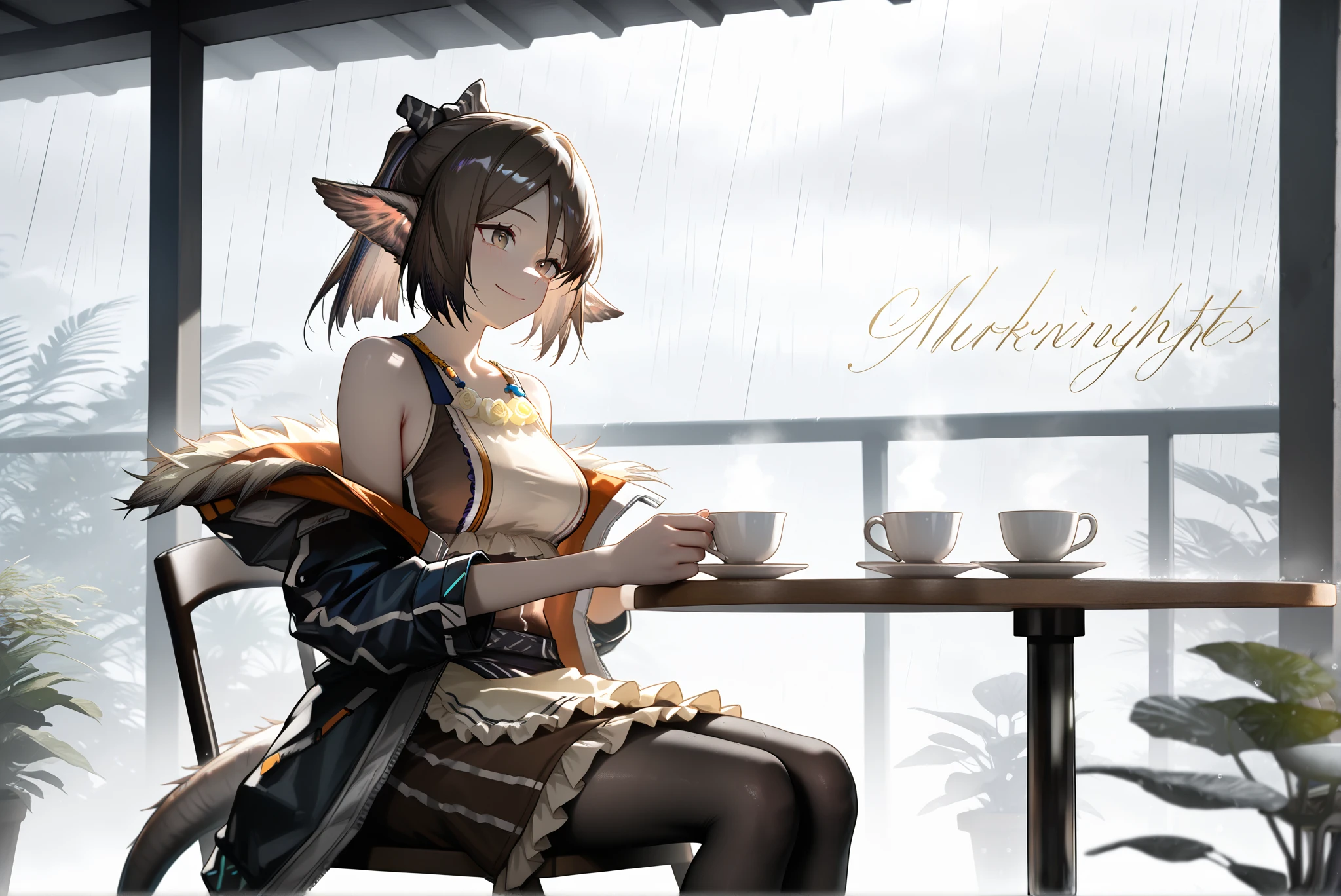 1femal,solo,,((whole body))。open jacket, waist apron, perfumer, bare arms, bare shoulder, waist apron perfumer sp, pencil skirt, black pantyhose,, brown dress,,(((perfumer_\(arknights\)))),,, morning cafe ,storm,Houseplants,heavy rain, cafe table,Outdoor terrace, sitting on a chair, coffee, Smile,,,,,,,,,,,Photorealistic Background, best quality, amazing quality, very aesthetic,Beautiful morning light , (masterpiece, best quality, hires:1.1),(detailed background),(Hard Light, Cinematic , , ambient occlussion:1.1), (illustration:1.1), (perfect details:1.1), (8 K, wallpaper,masterpiece,a high resolution,top-quality,top-quality real texture skin, hyperrealistic , increase resolution,RаW photos,,very detailed,wallpaper,Cinematic lighting,Ray tracing,Golden ratio\),。
