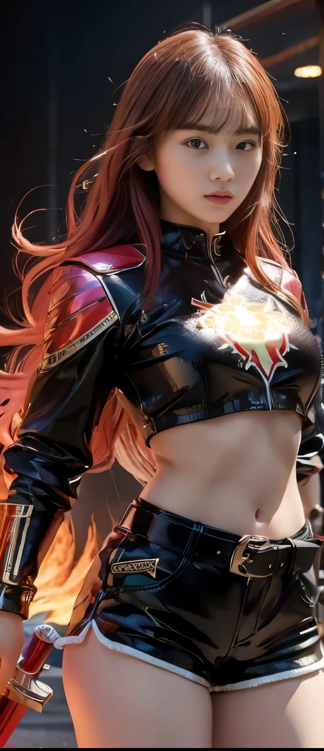 Flashy Idol Girl 、A pure girl's face、 hypo、、Black Sequin Tight Shorts、Red Armor Jacket、Glowing Lion Sword、Lion Belt