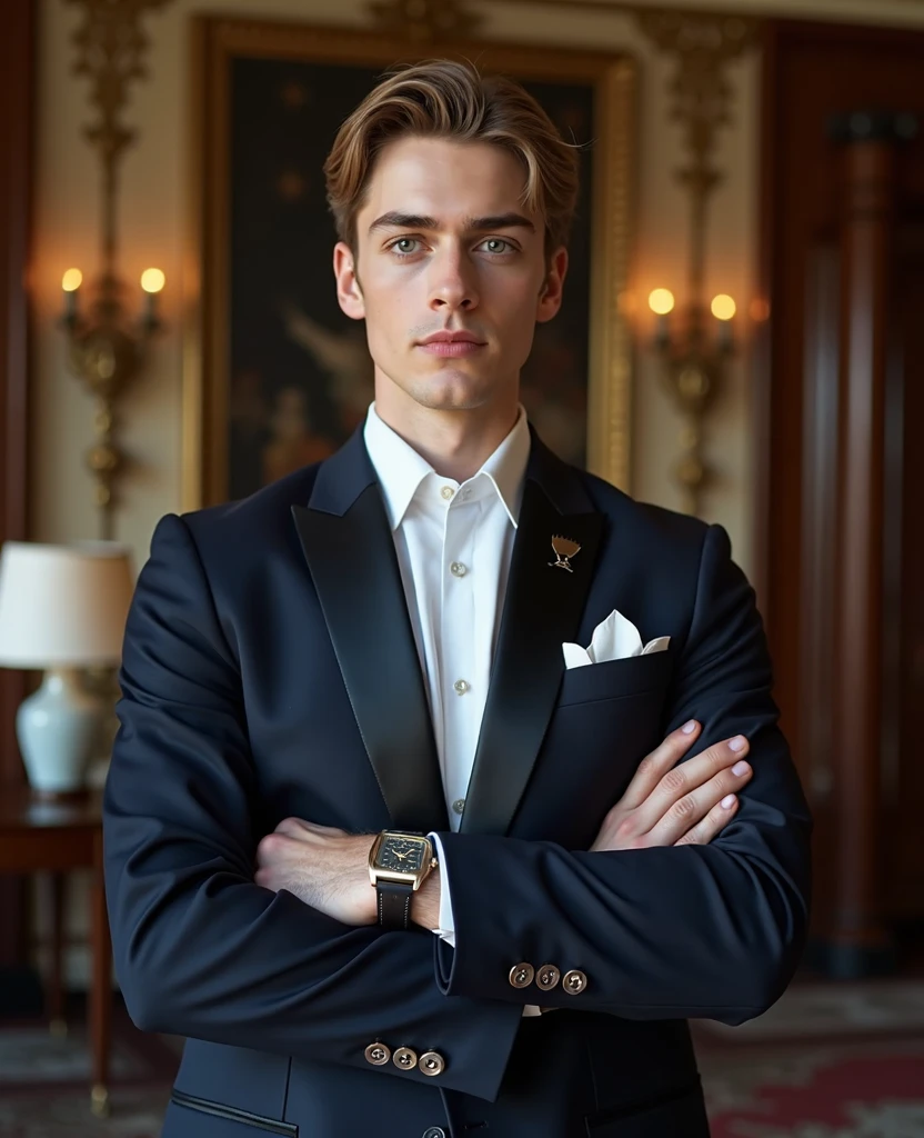 Create an image of Alexander Darcy at a fancy event. He is a tall, handsome man with a lean, muscular build, standing at 6'2". He has deep-set, piercing blue eyes, Blonde hair styled neatly, and a chiseled face with high cheekbones and a strong jawline. Alexander is wearing a perfectly tailored navy suit with a crisp white dress shirt and a silk tie. He has a minimalist luxury watch on his wrist and subtle but elegant cufflinks. The event setting is upscale and sophisticated, with chandeliers, elegant decor, and other well-dressed attendees.
