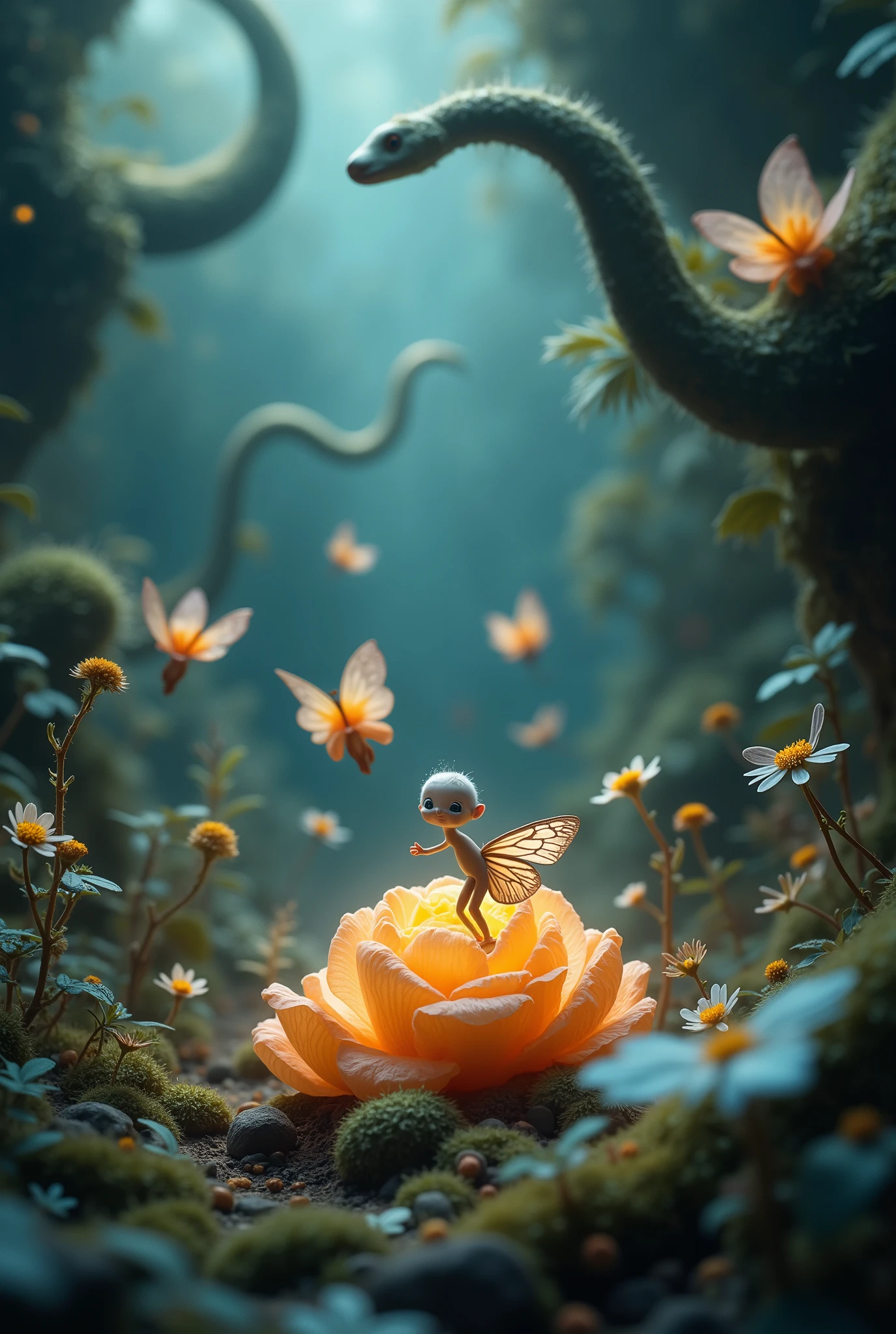 Strange but very cute characters by Jean Baptiste Monge and Jeremy Mann, tiny little fairies with beautiful butterfly wings hatching from glowing chrysalis, snake shadows lurking in the dark background seem to protect the tiny little fairies, transparent lace wings, swirling petals dancing, magical world, intricate and very detailed hand painted background, swirling light and shadows, tiny frosted flowers and geometric snowflakes, masterpiece, super surreal, very unique, funny, blur, soft focus, dark art, low angle shot, perfect composition, dreamy dreamy stories, 2D, UHD, 16K, 32K