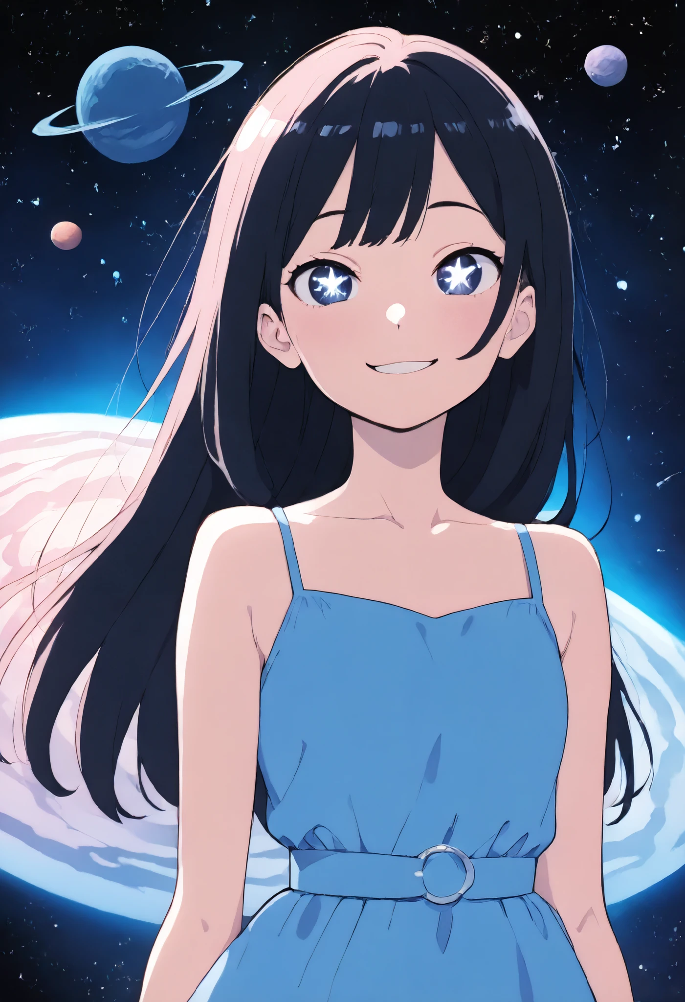 (masterpiece, best quality, illustration), anime girl, cute, solo, short blue dress, floating in space, space background, stars, planets, black hair, long hair, smiling, gentle smile, soft smile, detailed eyes, detailed face, flat skin, flat shading, simple shading, simple colors, pastel colors, cel-shaded, no depth, 2D look, soft lighting, 8k resolution, sharp focus