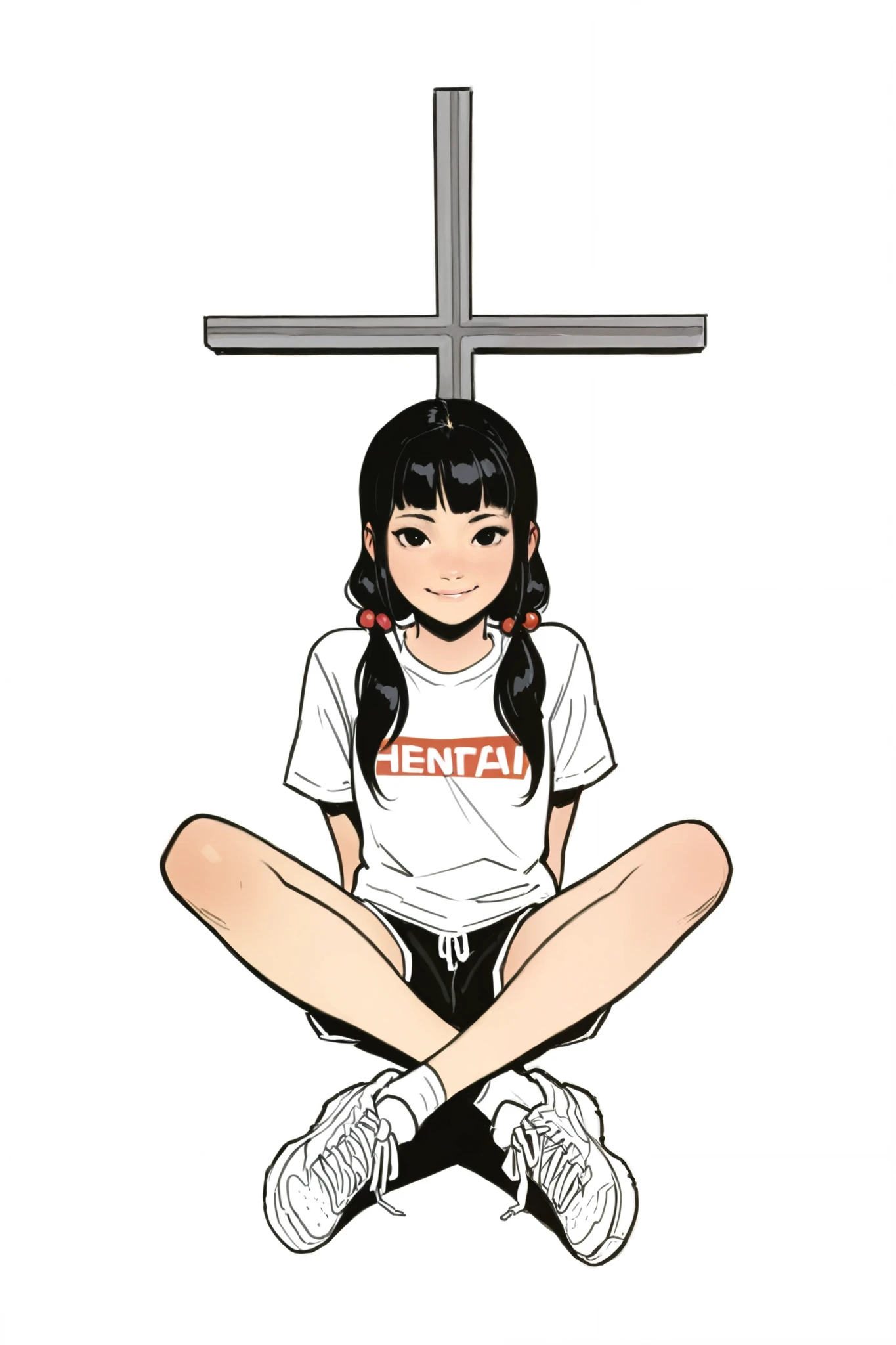 HDR, 8K, high contrast, masterpiece, best quality, amazing quality, very aesthetic, anime artstyle, realistic, hentai art, newest, (artist:incase:0.5), (artist:tsuaii:0.5) , photo background, real world location
BREAK
bounce light, hyperdetailed, detailed hair strands, detailed fibers,
1girl, solo, long hair, looking at viewer, simple background, shirt, black hair, hair ornament, white background, twintails, full body,  sitting cross legged, wide smile, black eyes, low twintails, hair bobbles,