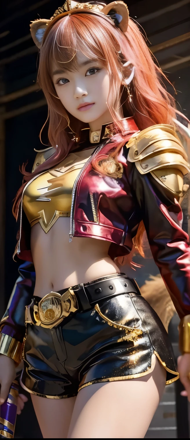 Flashy Idol Girl 、A pure girl's face、 hypo、、Black Sequin Tight Shorts、Red and Gold Armor Jacket、Glowing Lion Sword、Lion Belt、Gold Lion Diadem