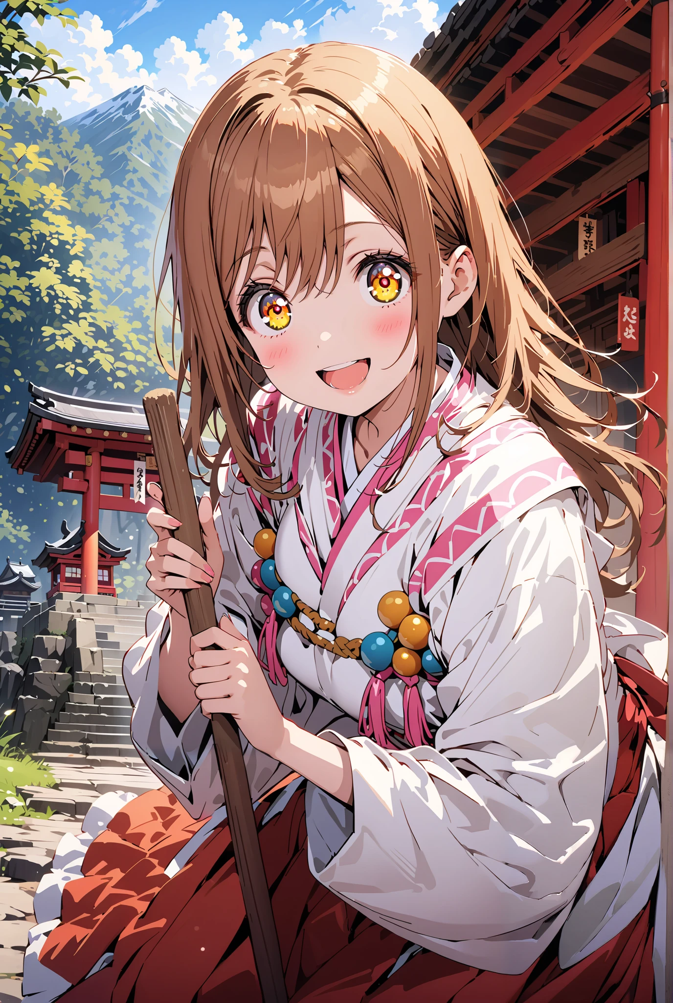 Hanamaru Kunikida, long hair, bangs, brown hair, yellow eyes all the way to the tip,smile,blush,opens her mouth, shrine maiden costume, white kimono , white socks,Sandals,Red Hakama,holding the broom grip with both hands,I'm cleaning the stairs with a broom,noon,full bodyがillustrationsに入るように, break outdoors, shrine,
break looking at viewer,full body,
break (masterpiece:1.2), Highest quality, High Resolution, Unity 8K Wallpaper , (illustrations:0.8), (beautiful detailed eyes:1.6), Highly detailed faces, perfect lighting , extremely detailed CG, (PERFECT HAND, perfect anatomy),