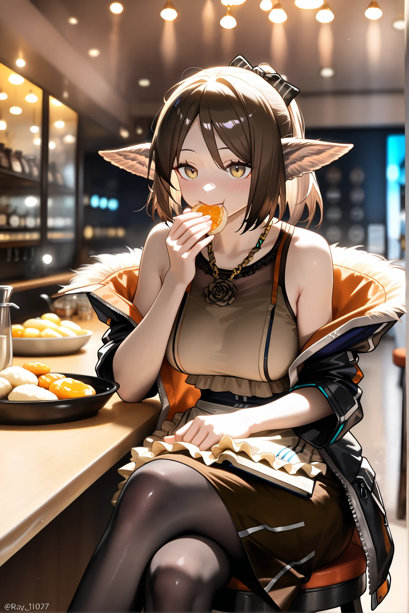1female,(( upscale restaurants ))。open jacket, waist apron, perfumer, bare arms, bare shoulder, waist apron perfumer sp, pencil skirt, black pantyhose,, brown dress,((perfumer)),((perfumer_\(arknights\))), perfumer_\(arknights\)。, eating at a restaurant。crossed legs,Black long skirt。小さなおっぱい。 dynamicangle。I have a book。,Photorealistic Background, best quality, amazing quality, very aesthetic,Beautiful morning light , (masterpiece, best quality, hires:1.1),(detailed background),(Hard Light, Cinematic , , ambient occlussion:1.1), (illustration:1.1), (perfect details:1.1), (8 K, wallpaper,masterpiece,a high resolution,top-quality,top-quality real texture skin, hyperrealistic , increase resolution,RаW photos,,very detailed,wallpaper,Cinematic lighting,Ray tracing,Golden ratio\),。