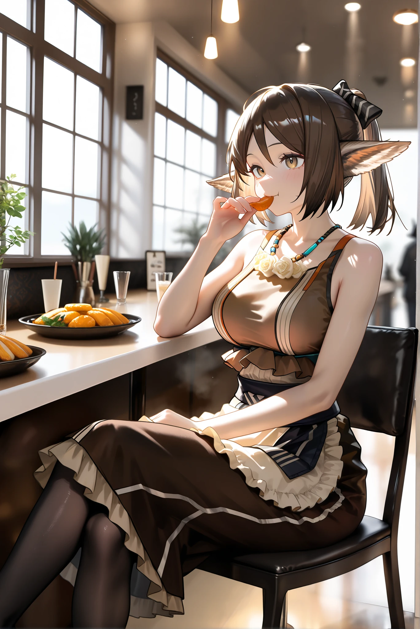 1female,(( upscale restaurants ))。open jacket, waist apron, perfumer, bare arms, bare shoulder, waist apron perfumer sp, pencil skirt, black pantyhose,, brown dress,((perfumer)),((perfumer_\(arknights\))), perfumer_\(arknights\)。, eating at a restaurant。crossed legs,Black long skirt。小さなおっぱい。 dynamicangle。I have a book。,Photorealistic Background, best quality, amazing quality, very aesthetic,Beautiful morning light , (masterpiece, best quality, hires:1.1),(detailed background),(Hard Light, Cinematic , , ambient occlussion:1.1), (illustration:1.1), (perfect details:1.1), (8 K, wallpaper,masterpiece,a high resolution,top-quality,top-quality real texture skin, hyperrealistic , increase resolution,RаW photos,,very detailed,wallpaper,Cinematic lighting,Ray tracing,Golden ratio\),。