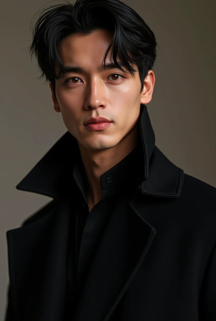 young male, 24 years old, jet-black hair, hair slightly tousled, golden brown eyes, tailored black coat, ultra, ultrarealistic, 4k, handsome