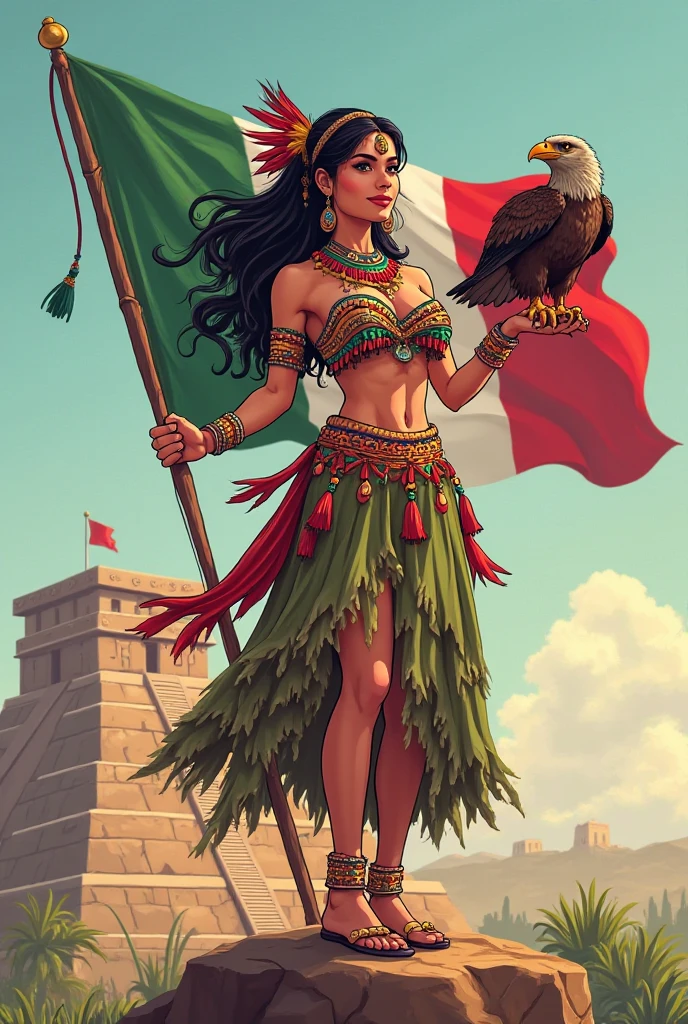 Create an image of the game character Last War survival , from the company first fun . of the character Elsa , the goddess of ice , with a flag in hand , inside the flag containing the letters " B 1 h " , in the background the Mexican flag 