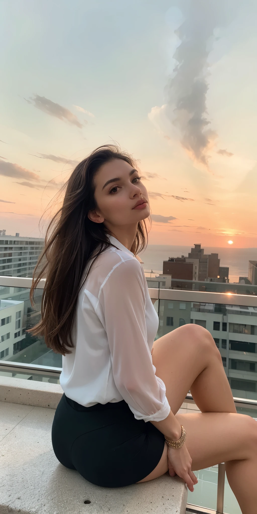 A stunning brunette woman with long, straight hair, sitting on a modern rooftop terrace during sunset. She wears a casual but elegant white blouse, her expression calm and serene as she gazes at the horizon. The sky is painted in shades of orange and pink, with city lights beginning to twinkle below. The soft, warm light of the setting sun highlights her features, creating a breathtaking atmosphere of tranquility and beauty.
