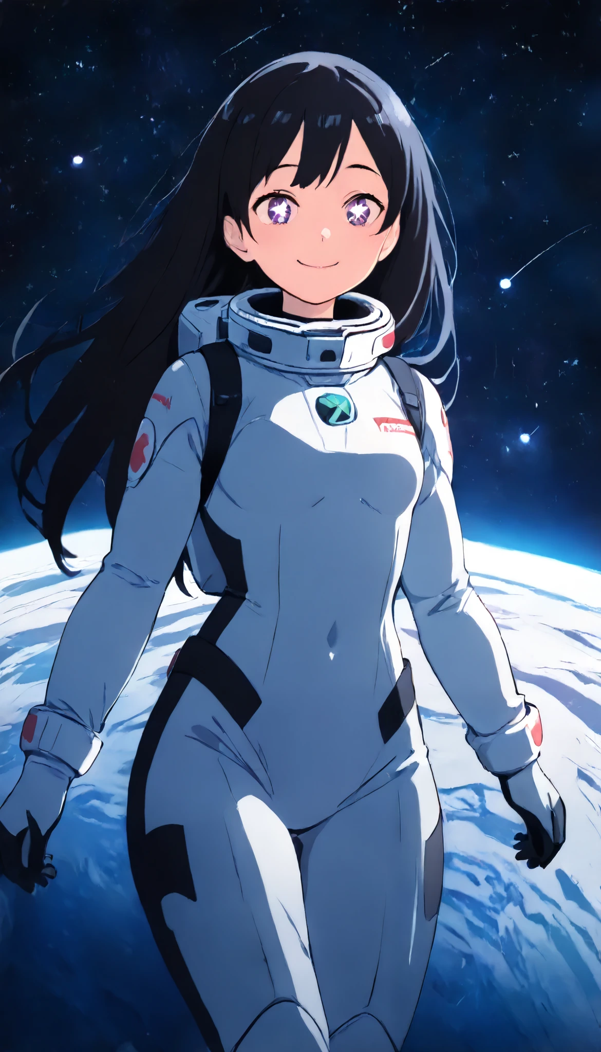 (masterpiece, best quality, illustration), anime girl, cute, solo, tight astronaut suit, bodysuit astronaut suit, form-fitting astronaut suit, skin-tight spacesuit, figure-hugging spacesuit, helmet off, black hair, long hair, smiling, gentle smile, soft smile, detailed eyes, detailed face, floating in space, space background, stars, planets, flat skin, flat shading, simple shading, simple colors, pastel colors, cel-shaded, no depth, 2D look, soft lighting, 8k resolution, sharp focus
