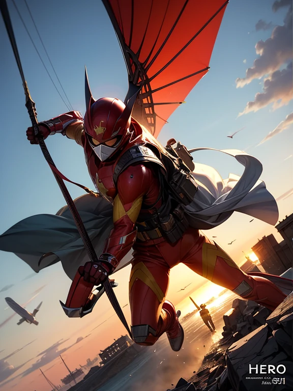 (masterpiece, Best image quality),One boy, A hero in a white, red and black suit, (Dynamic pose | Element Surround:1.2), Low angle view, Very detailed, Ruins of the battle, intense, shock wave, Outdoor, Battlefield Background,Guardian of the City,Sporty hero,Use fire as a weapon