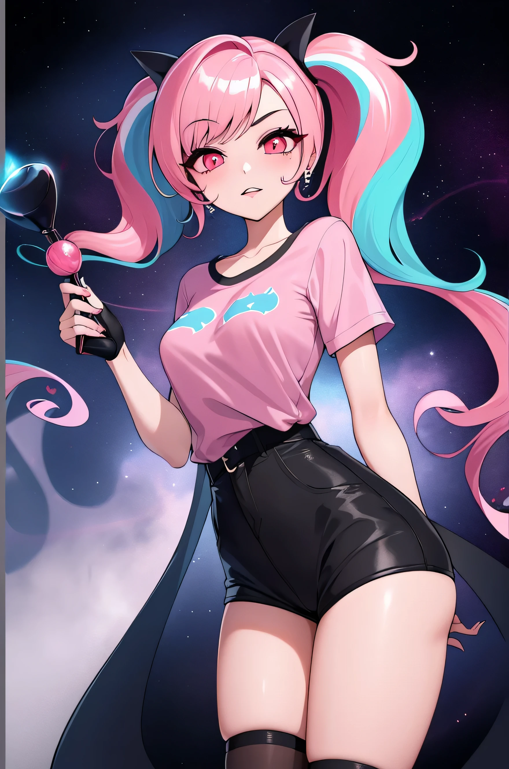 girl with pink hair with pigtails with light blue highlights with red eyes and a pink shirt with a black star and black shorts with black cat tights