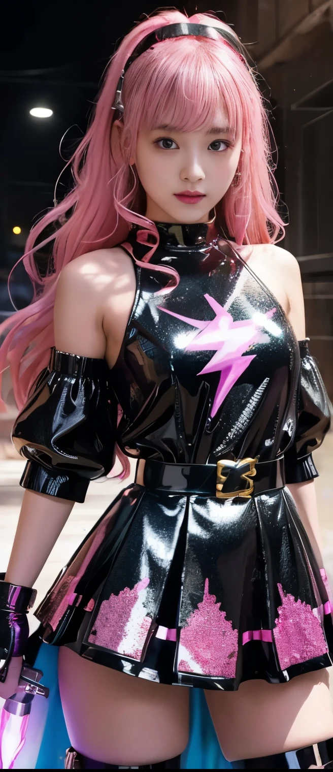 Flashy Idol Girl 、A pure girl's face、 hypo、、Black Sequin Mini Dress、Fluorescent Pink Armor Jacket、Glowing Shiny Sword、Candy Belt