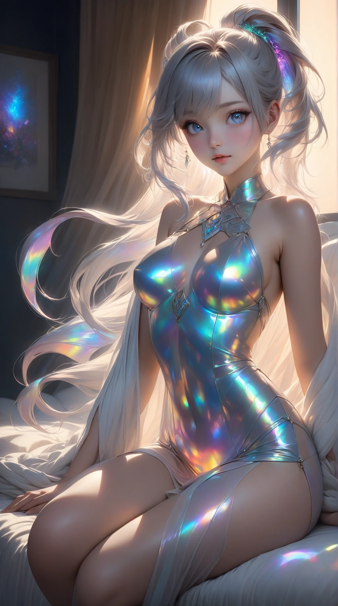 crystal covered, （Full body ：1.3）, alternate color, masterpiece, detailed illustration, realistic, pixiv top quality, exquisite, {{{kawaii 1girl}}}, ultra beauties who fuse with machines, glitter beautiful female, Half of my body is made of machines,  cinematic lighting, dynamic angle, dynamic pose, crystal world, depth of field，Shiny socks，Crystal stockings，Crystal high heels
