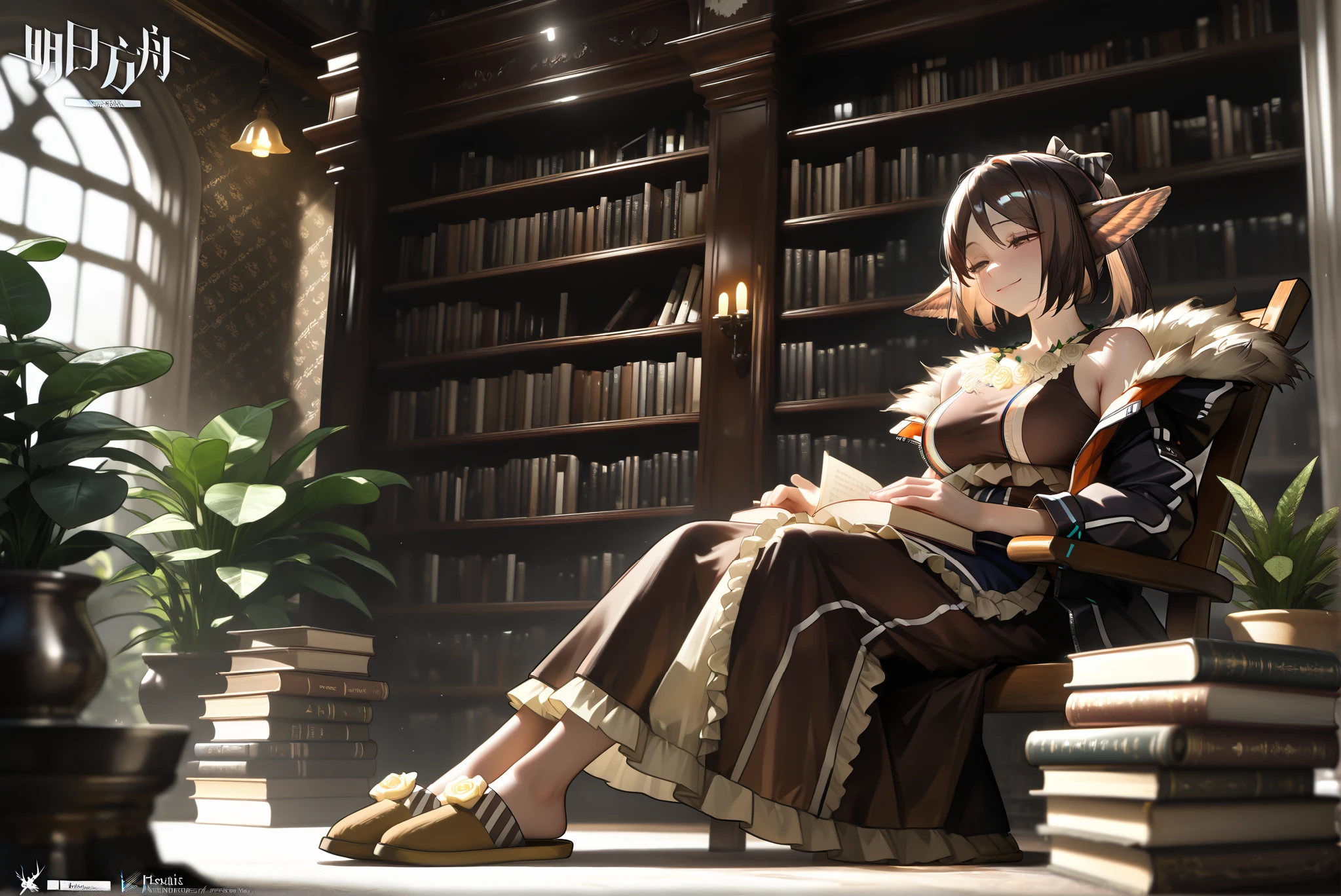A woman is sitting, Smile,(((((Focus on women))))),,,,, 1girl , Perfumer, brown dress, brown slippers, in a library, bookshelf, holding book,,((Perfumer)),((Perfumer_\(arknights\))), Perfumer_\(arknights\)。(half-closed eyes),small boobs,,(((FaceFocus))),,,,,,,,,,,,((whole body)),PhotorealiStic Background, beSt quality, amazing quality, very aeSthetic,(maSterpiece, beSt quality, hireS:1.1),(detailed background),(Hard Light, cinematic , ambient occlussion:1.3), (illuStration:1.1),(8 K, wallpaper,maSterpiece,a high reSolution,top-quality,top-quality real texture Skin, hyperrealistic), (increaSe reSolution,RаW photoS,,very detailed,wallpaper,cinematic lighting,Ray tracing,Golden ratio\),,(large jungle-like botanical garden:1.5)(Lots of plants:1.3)(Benches and tables:1.2),
