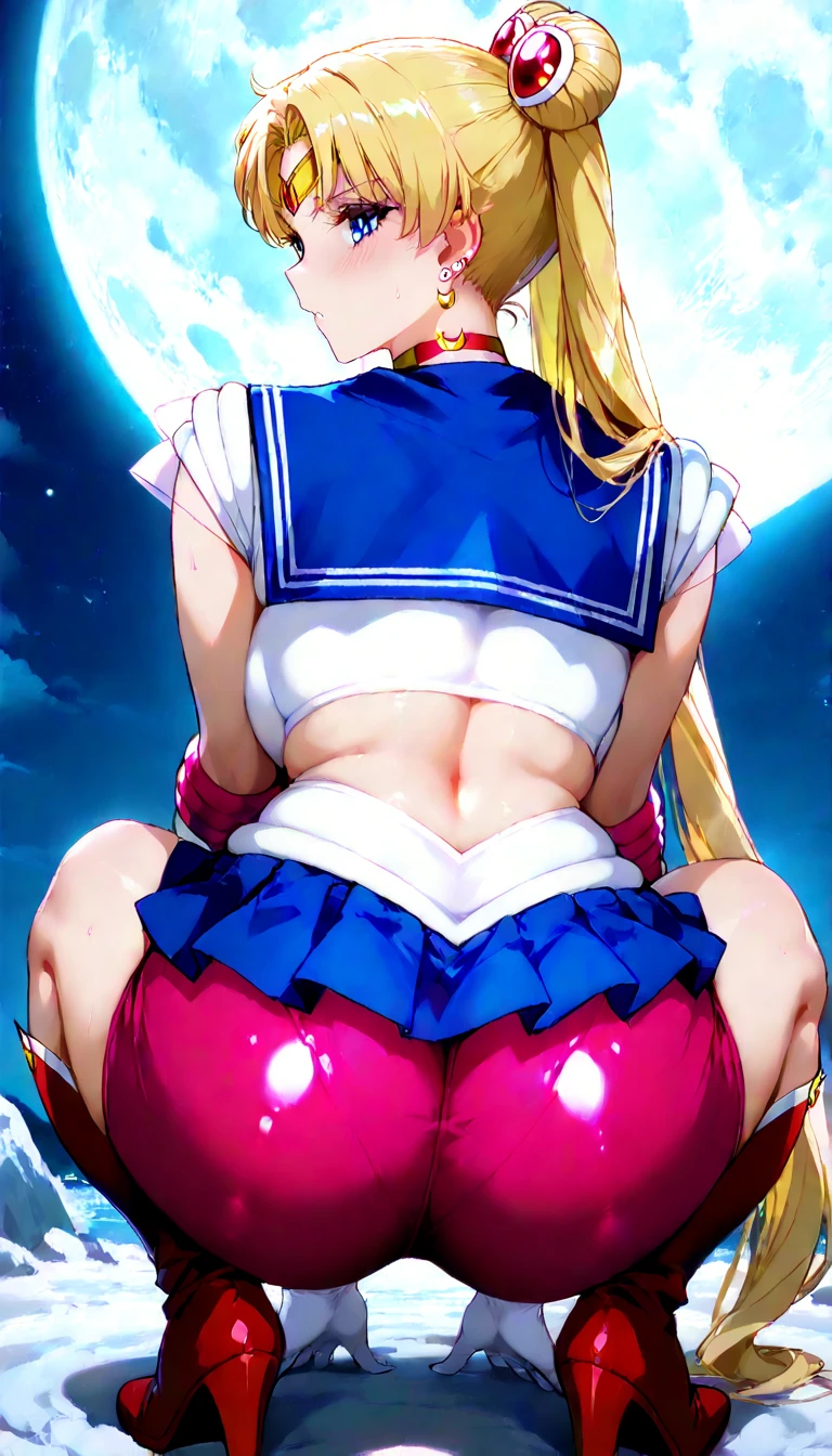 obra maestra, Mejor calidad, absurdos, perfect anatomy, 1 chica, Solo, SMMoon, 1990s \(Estilo\), Sailor Chibi Luna Cabello Rosa, pupilas rosadas ojos, subir las escaleras, de cerca, Sonrisa, tiro de vaquero, Uniforme Sailor Senshi Rosa, Collar marinero rosa, falda plisada rosa, guantes de codo, en postura de espalda, Show off your loot, backward, No hay tanga en un gran trasero, cuerpo completo, aausagi, de cerca booty (falda levantada por el viento, Exponiendo su) (cara de alto detalle)