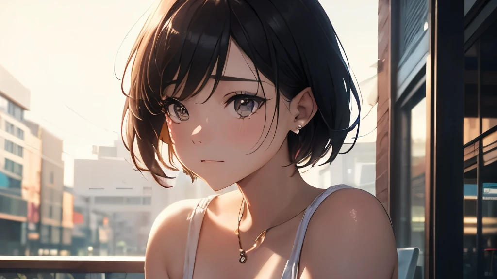 ((masterpiece,Highest quality:1.3,best quality illustration)),((realistic:1.2)),cowboy shot,solo,1woman,18 year old beauty、black hair,short bob hair,(center parted bangs),black eyes,(gorgeous big eyes),((very small head:1.4)),shy,smile,((slender body:1.2,skinny)),(tan skin:1.4),small breasts,(White tank top、school gym red buruma),gleaming skin,oily skin,slender body,sweat,standing,playground、Schoolyard、School、Tokyo、