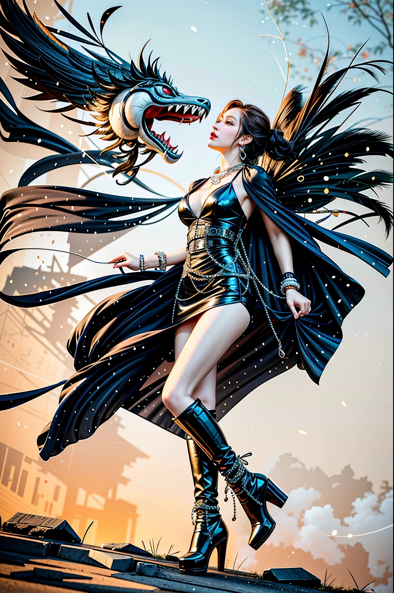 ((Create MaxZenArt!))_((Alone, 1 girl, tattoos, glowing tattoos, shiny eyes, white- fluffy), (sci-fi), (full body lesbian), Sexy topless), (black transparent clothes- dress), (boots-bangs, heels, footwear), (sexy, erotic))_((Soft scarlet lips), (straight black hair - long, highlights, blue, cascading), (multi-colored shining hair), ( cool glitter, wet straight hair))_((Simple color palettes), (pastel colors, kawaii, cute colors, clean), (metaphysics-cyberpunk))_((Sexy, erotic), (simple, minimal accessories), ( necklaces and thin rings in silver or gold), (simple bracelets, distinctive designs, simple silhouettes), (simple and erotic style))_((Background),(abstract-minimalism), (fresh, color wash, broad stroke) , (stunning cybernetic flowers), (lilies, extremely unusual, long stems - large stems))