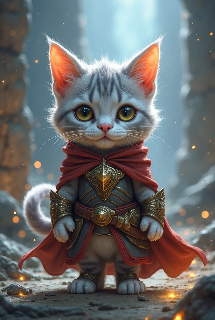 A brave and adorable feline hero, ready for an epic adventure. This cat has large, expressive eyes full of determination and curiosity. Its soft fur is a mix of sleek silver and white, giving it a mystical aura. Dressed in a small but detailed warrior outfit, featuring a tiny armored  plate, a flowing cape, and a belt with pouches for magical artifacts. A small, enchanted sword or dagger is strapped to its side, glowing faintly with magical energy. The background is a mysterious fantasy landscape, with ruins and glowing crystals, setting the stage for an epic RPG quest. The atmosphere is dynamic, with soft lighting highlighting the cat’s heroic stance, blending cuteness with courage