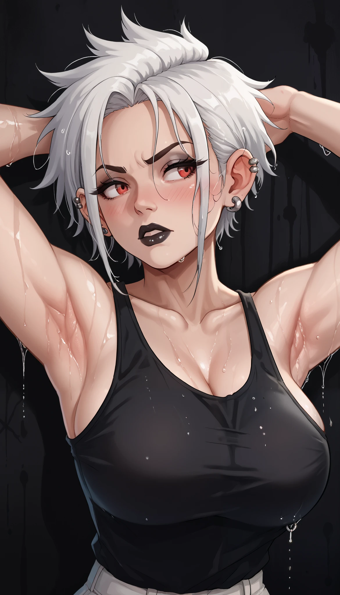 score_9, score_8_up, score_7_up, source_anime, n, white hair, red eyes, 1girl, solo, blush,black tank top, gothic make-up, pierced ears, big breast, perfect body, black lipstick, Smooth, dewy armpits, arrogant facial expression, photo art, high detail, high resolusi, best quality, black wall background, wet body, head looking to the side