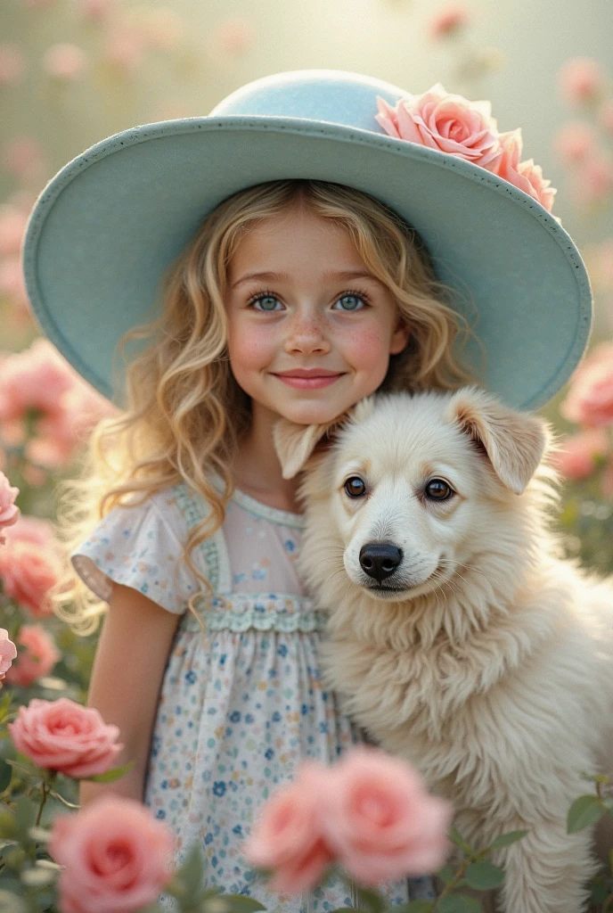 3 year old girl, blonde, curly hair, sitting on the ground with a small dark brown Yorkshire dog, flowery hill with flowers, warm tones, lots of green, tree high in the background, blue sky, late afternoon sunshine, photographic quality, 8k