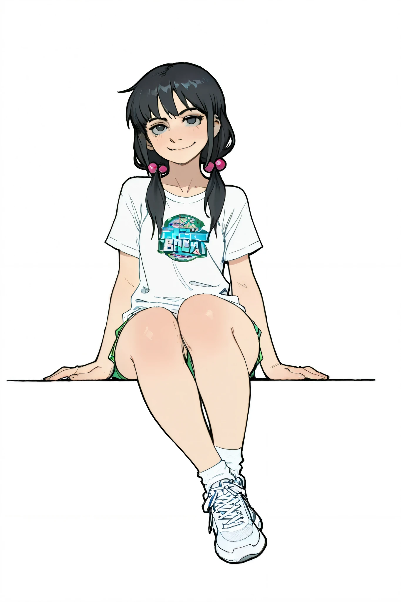 HDR, 8K, high contrast, masterpiece, best quality, amazing quality, very aesthetic, anime artstyle, realistic, hentai art, newest, (artist:incase:0.5), (artist:tsuaii:0.5) , photo background, real world location
BREAK
bounce light, hyperdetailed, detailed hair strands, detailed fibers,
1girl, solo, long hair, looking at viewer, simple background, shirt, black hair, hair ornament, white background, twintails, full body, sitting, wide smile, black eyes, low twintails, hair bobbles,