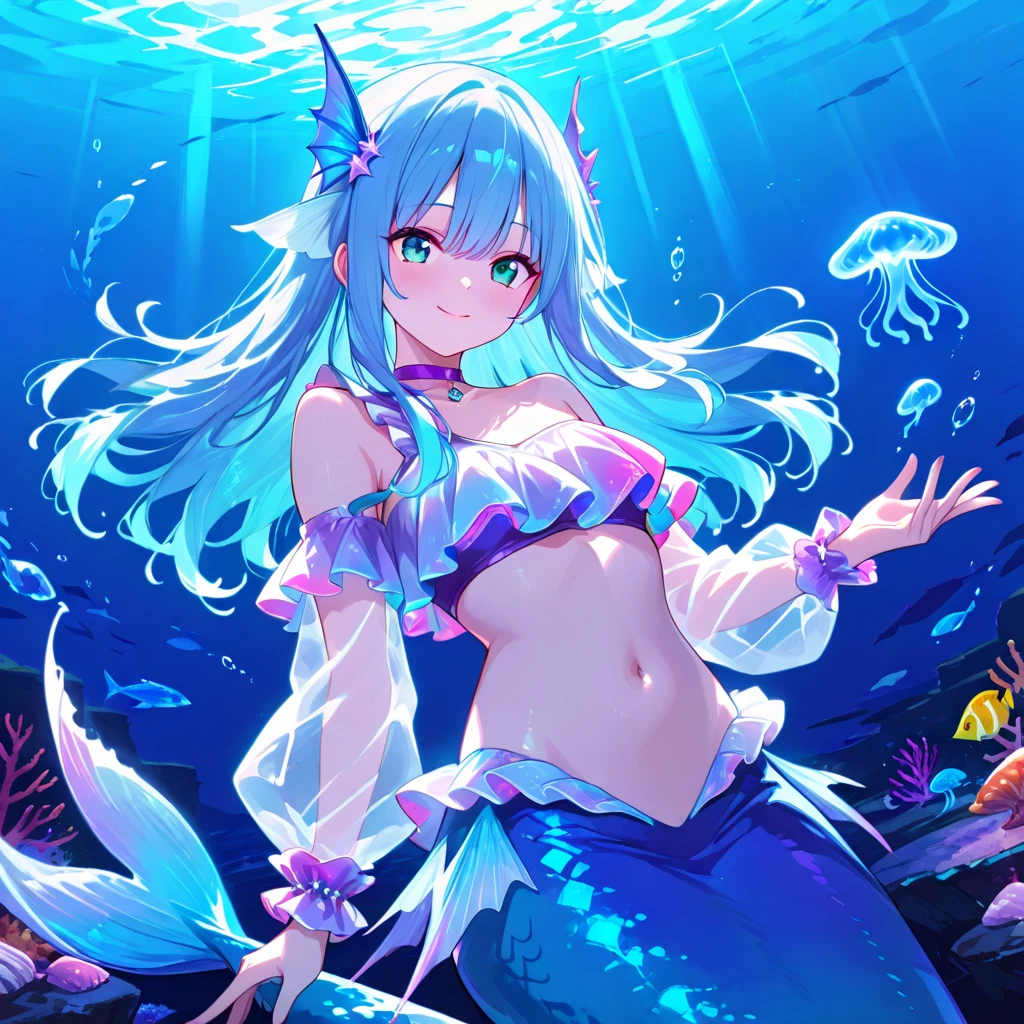 1 girl, solo, mermaid, blue hair, long hair, aqua eyes, shellfish hair accessory, purple choker, see-through sleeves, detachable sleeves, one-shoulder top, bare shoulders, bare belly, wrist aqua scrunchie cuffs, blue fin, underwater, submerged, swim, smile, sea, fish, corals, jellyfish, score_9, score_8_up, score_7_up, source_anime, luminous reflections, HDR-like contrast, vibrant color palette, glowing lights, vibrant reflections, surreal lighting, HDR effect, cinematic vividness, intensely saturated lighting effects, 4k, 8k, Ultra HD, Masterpiece :1.2, Best quality :1.2, Detailed :1.5, Detailed background :1.5,