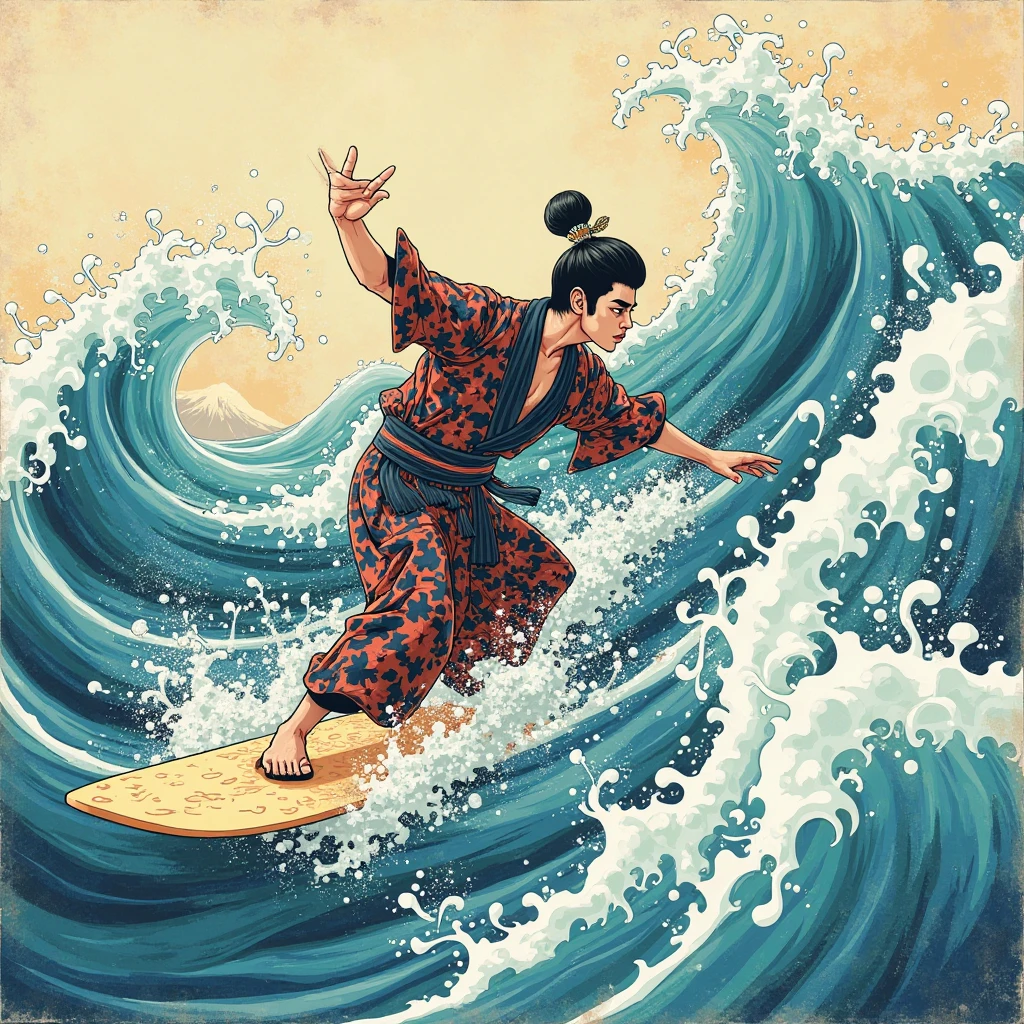 1970s Comic Illustrations,Ukiyo-e,Sumo wrestler,The face is smiling,Surfing the waves,Balanced placement