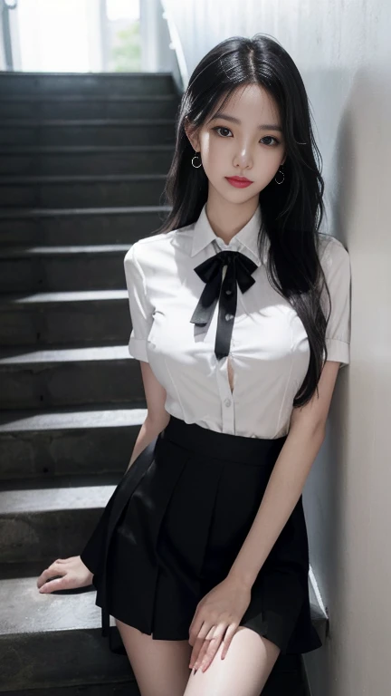 (Masterpiece, best quality, alone, รายละเอียดที่complicated, Chromatic aberration), realistic, ((Moderate breath)), hair in one eye,purple eyes, Round hoop earrings 8 cm., sharp eyes, choker, (symmetrical eyes),(Perfect symmetrical body),Photo of a beautiful 21 year old teenage girl.,(fit the body), Beautiful and charming with contemporary fashion paintings as well.., looking at the audience, ((Behind the main meeting room)), (black short skirt), (Wear a fitted blue lab coat over a fitted lab coat., white short sleeve shirt., Unbuttoning the buttons, เผยหน้าอกsmallน้อย..), (blue lab coat ),((A short black pencil skirt with a deep slit on the side...)), sugar belt, ((Put your hands down.)),Blue blonde hair, Bob, long hair, Side flatness,round chin, Art lens 85mm, Sharp focus, High resolution 8K, Crazy details, complicated, elegant,sitting on the study table Lift one leg to eye level.., ขาออกจากกันsmallน้อย.,dynamic gesture,small