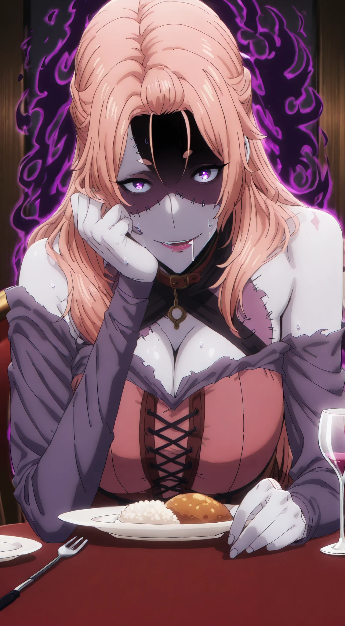 (Mogiki Hayami-style:1.4), Masterpiece, high quality, absurdres, best quality, very aesthetic, newest, dramatic light, chiaroscuro technically, contrasting color, dynamic composition, anatomical correct, HD, 4K, digital art, trending on DeviantArt, perfect body, perfect eyes, makeup, detailed eyes, perfect fingers, gasping, heavy breathing, excessive sweating, sweating, sweating profusely, gasping profusely, cinematic, ((skindentation)), ((voluptuous)), Mmananakiri, mature female, long hair, half updo hair, ((dark-pink hair)), purple eyes, short eyebrows, big breasts, bright pupils, ((white outline)), (aura), (black aura:1.2), 1girl, stitches, breasts, fork, solo, cleavage, smirk, looking_at_viewer, food, scar, knife, patchwork_skin, sitting, plate, collar, stitched_face, object_through_head, table, cup, bare_shoulders, zombie, parted lips, drooling, saliva, shaded face, upper teeth, hand_on_own_face, drinking_glass, corset, bandages