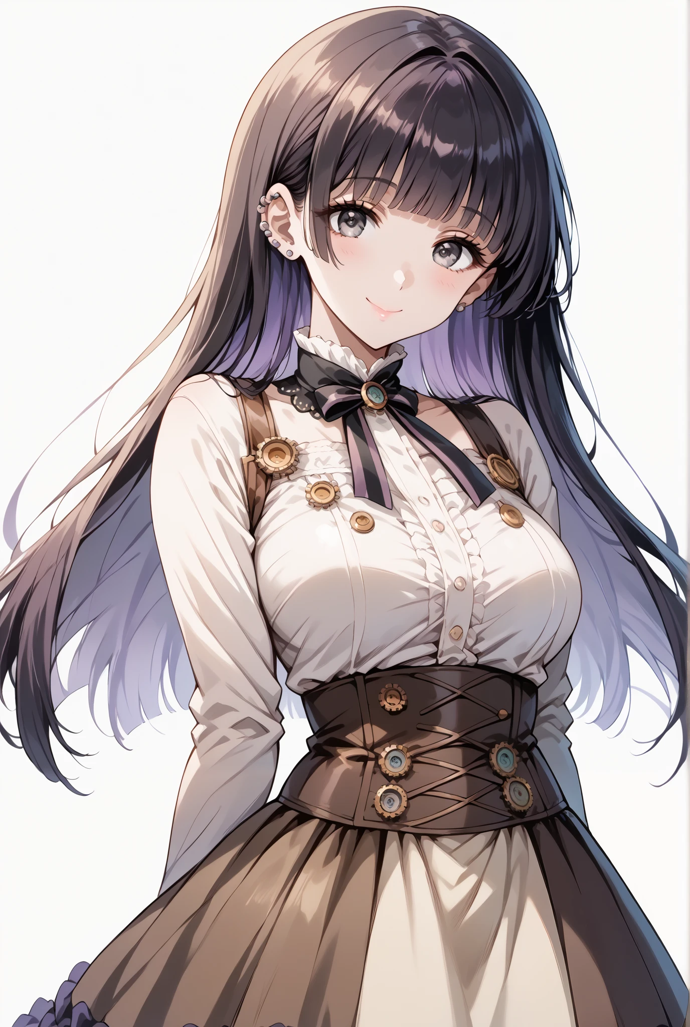 score_9, score_8_up, score_7_up, source_anime, 4K,perfect fingers,(perfect hands, perfect anatomy),prefect lighting, very aesthetic, intricate details,highly detailed background, masterpiece, high quality, best quality,
1girl,solo,pasan, pasan, black hair, blunt bangs, blunt ends, chin piercing, colored inner hair, ear piercing, grey eyes, hime cut, long hair, medium bangs, multicolored hair, piercing, purple hair, mature female, large breast,
wearing ((steampunk design,Her attire includes a light beige/cream-colored top with brown accents detailing and stitching reminiscent of gears and cogs, She wears a brown lace-edged steampunk-inspired under-skirt with decorative details, )),,
((White plain background:1.5)) , looking at viewer, smile,((Arms on back:1.5)), (perfect hands, perfect anatomy),cowboy shot, filed, high thigh individual , fullbody,Stand up,((front look:1.5)),