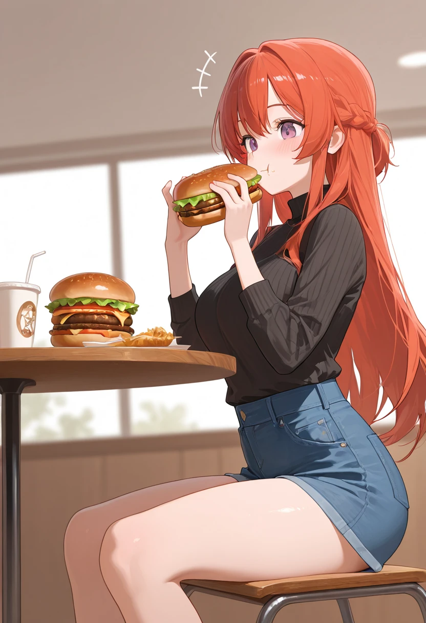 (masterpiece:1.2, best quality:1.1, highres,absurdres, high quality),(photorealistic:1.1),reflected light, colorful,ultra-detailed, ultra hd, super detailed,
iasGremory,(red hair, long hair), blue eyes, huge breasts, two-handed burger, eating, holding a huge burger with both hands,sitting,borgar,cafe, (plump, curvy), cheek bulge, cafe, food on table, coca-cola, crop top, shorts, antenna hair,
<lora:LowRA:0.3> <lora:HighSchoolDxD_RiasGremory:0.9> <lora:borger-nvwls-v4:0.5>