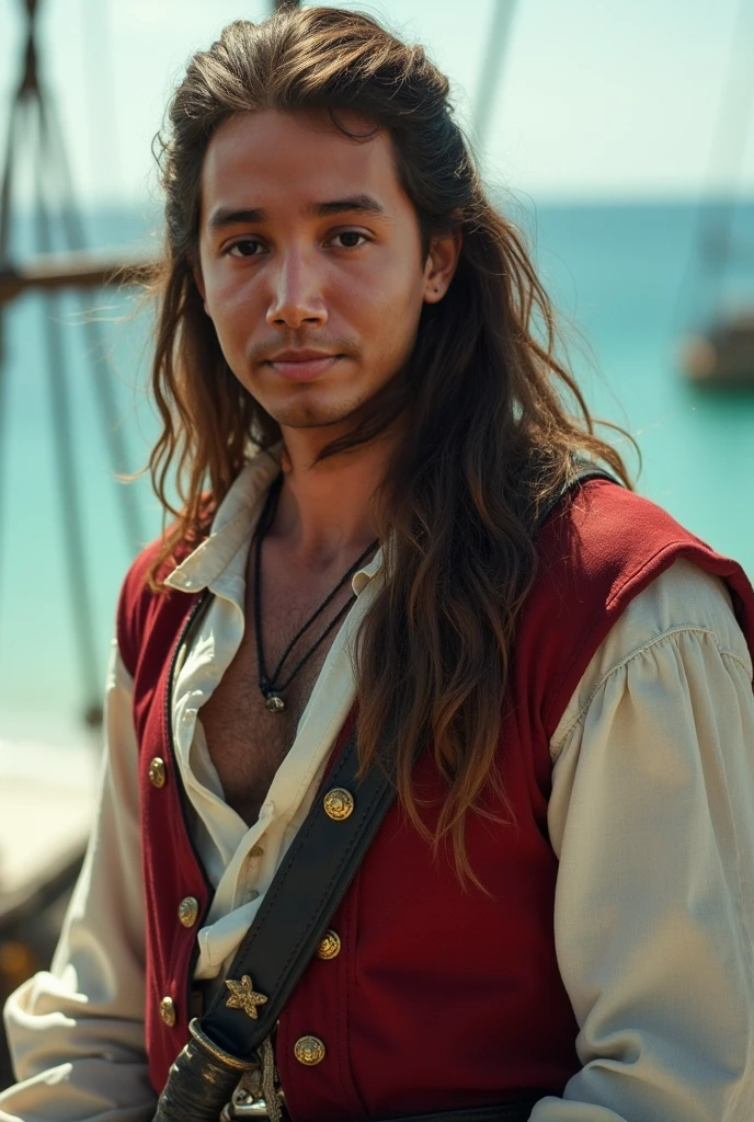 Teenage thief, indigenous, long dark hair, curly, sullen face. knives on belts. Colonial clothing.