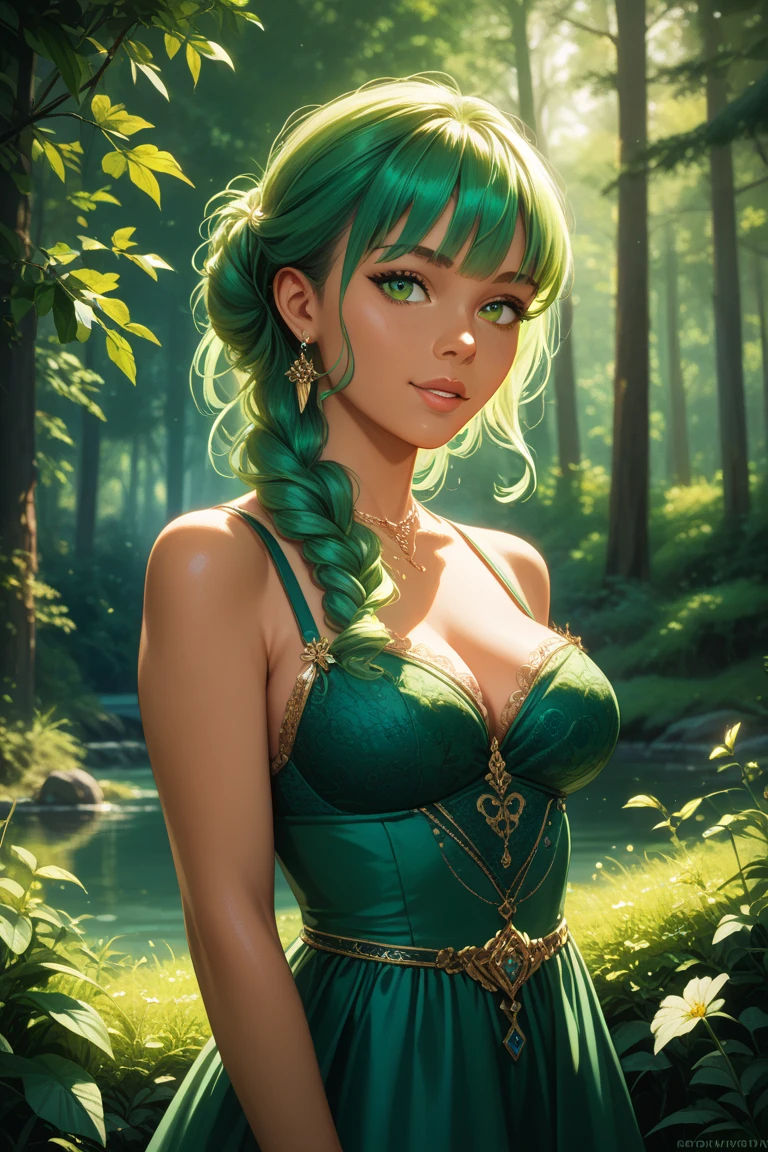 a yellow headed green body budgerigar,1woman with long red hair,beautiful detailed eyes,beautiful detailed lips,extremely detailed eyes and face,longeyelashes,budgerigar on woman's head,heart-warming,lush foliage,detailed tropical plants,vibrant colors,natural lighting,photorealistic,masterpiece,(best quality,4k,8k,highres,masterpiece:1.2),ultra-detailed,(realistic,photorealistic,photo-realistic:1.37)