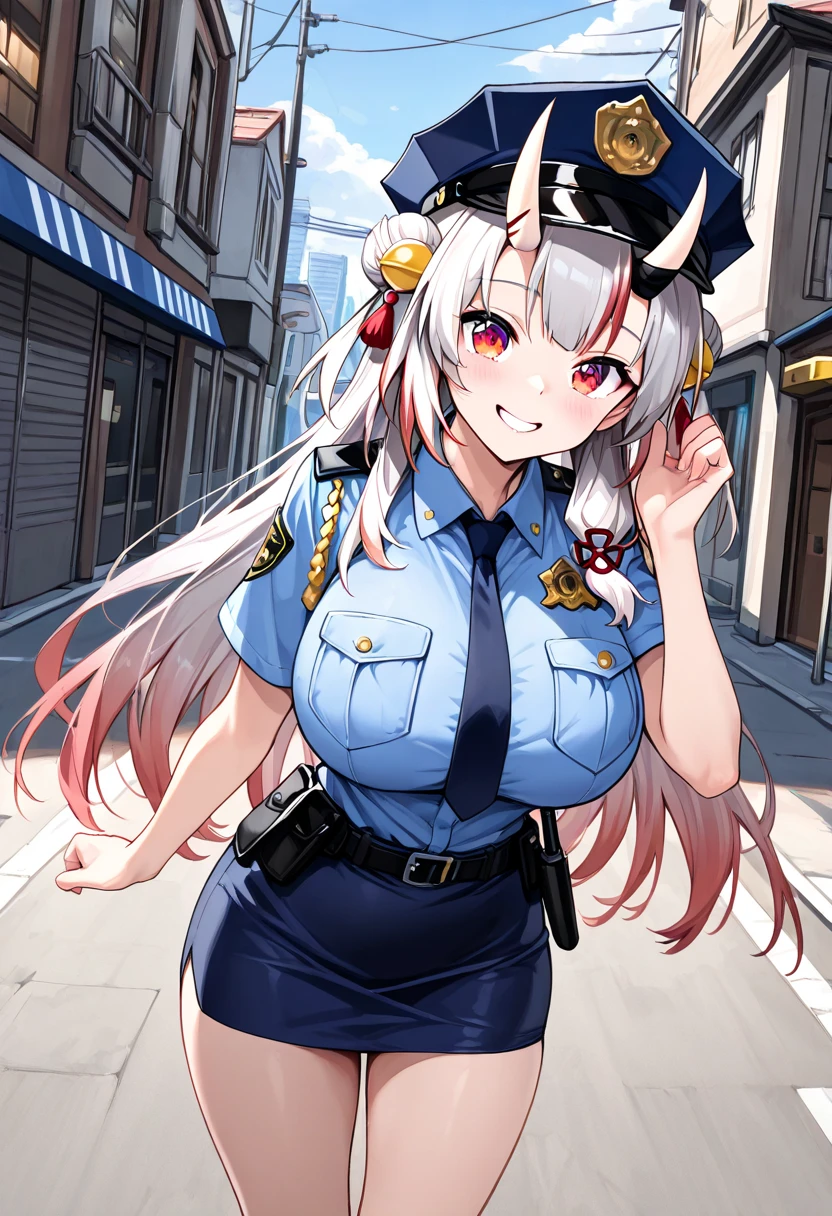 ((highest quality)), ((masterpiece)), (be familiar with), perfect face、perfect face, one sexy woman、adult、long pink hair、white cat ears、pink eyes、lifted eyes、long eyelashes、glossy lips、(whistle blowing pose)、standing position、Photographed from diagonally above and from the side、pink tail、tired face、Puff out one cheek、red cheeks、big breastuchimuchi、shiny skin、dripping sweat、sigh、police cosplay、police hat、police officer、hold a police notebook、Working、mini skirt、protruding breasts、(looking at camera)、thighs、pink theme、daytime、sun、summer、In front of the police box、In town、outdoor、hair blowing in the wind、city view、bright