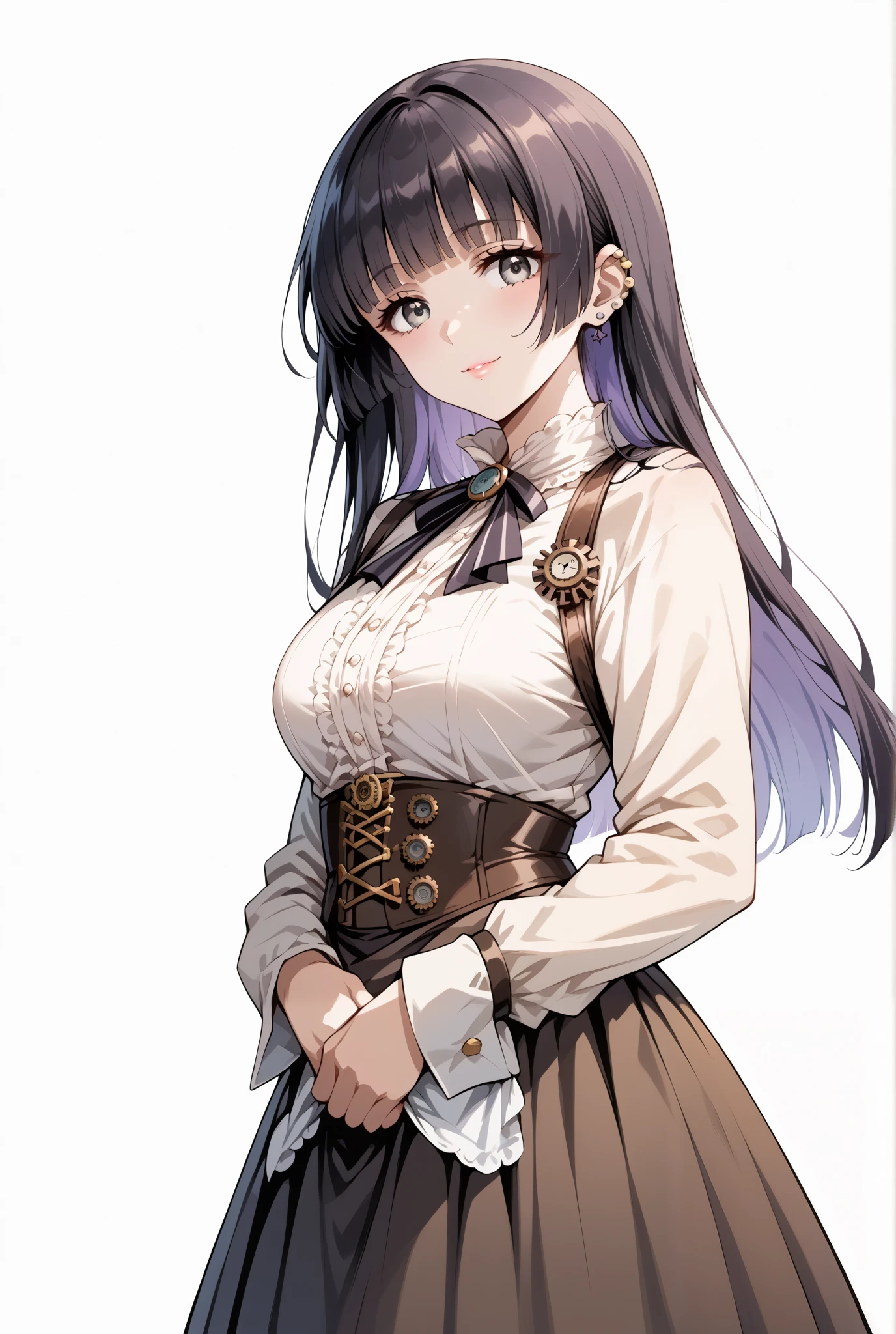 score_9, score_8_up, score_7_up, source_anime, 4K,perfect fingers,(perfect hands, perfect anatomy),prefect lighting, very aesthetic, intricate details,highly detailed background, masterpiece, high quality, best quality,
1girl,solo,pasan, pasan, black hair, blunt bangs, blunt ends, chin piercing, colored inner hair, ear piercing, grey eyes, hime cut, long hair, medium bangs, multicolored hair, piercing, purple hair, mature female, large breast,
wearing ((steampunk design,Her attire includes a light beige/cream-colored top with brown accents detailing and stitching reminiscent of gears and cogs, She wears a brown lace-edged steampunk-inspired under-skirt with decorative details, )),,
((White plain background:1.5)) , She's posing with her body angled toward the viewer, 