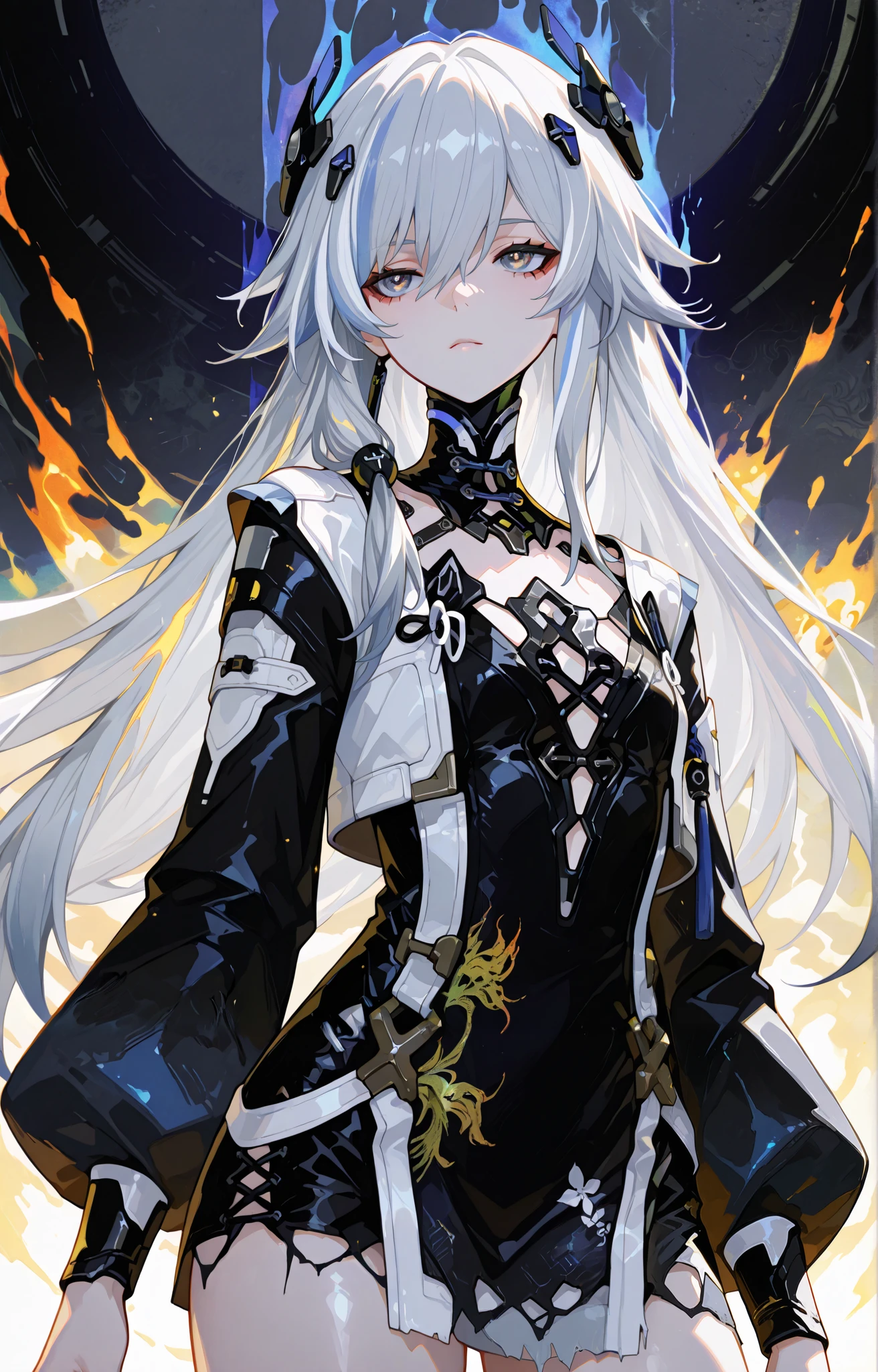 Anime illustration, dark aura, abstract background aura, backlighting, backlit, golden firestorm, colorful, light reflection, solo, 1girl, cowboy shot, detailed skin, extremely detailed eyes, dynamic pose, HuaHoS, grey hair, streaked hair, long hair, white hair, gradient hair, bright blue eyes, bright eyes, gray eyes, Punishing Gray raven Luci, frayed hair long hair, white hair, gradient hair, hair ornament, 748cmstyle,, 748cmstyle, chinese clothes, black dress, blue and white trim, cyberpunk clothes, punk clothes, manwha style
