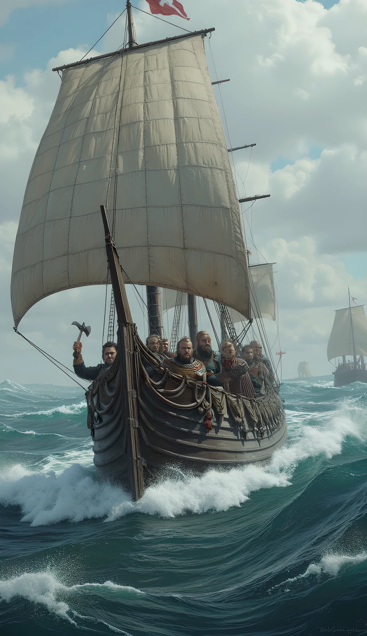 **Prompt:** Design a breathtakingly detailed landscape scene depicting a Viking seafaring navy army navigating the long wooden war boat on the tumultuous waters of the medieval North Sea. Showcase hyper-realism in the composition, featuring a long size Viking long dragon wooden war boat slicing through crashing waves. Capture the action from an ultra-wide angle to fully immerse the viewer in the dramatic, stormy environment. Illustrate the Viking navy raiders in elaborate, historically-accurate armor, standing in organized battle formation, with intricately crafted battle axes raised in readiness for the impending conflict. Focus on dynamic leading lines within the composition that draw the viewer's gaze across the scene, accentuated by a rich UHD color palette that creates an atmospheric contrast between the roiling sea and the warriors. Pay particular attention to the anatomy of the sailors, highlighting the strength and resolve in their hands as they prepare for battle. As you zoom out, ensure the entire regiment is depicted in all its fierce glory, maintaining a depth of field that amplifies the visual impact. Utilize cutting-edge 3D CGI textures to breathe life into this depiction of Viking valor, creating a visually stunning PiratePunkAi artwork that captures the essence of an epic sea battle.